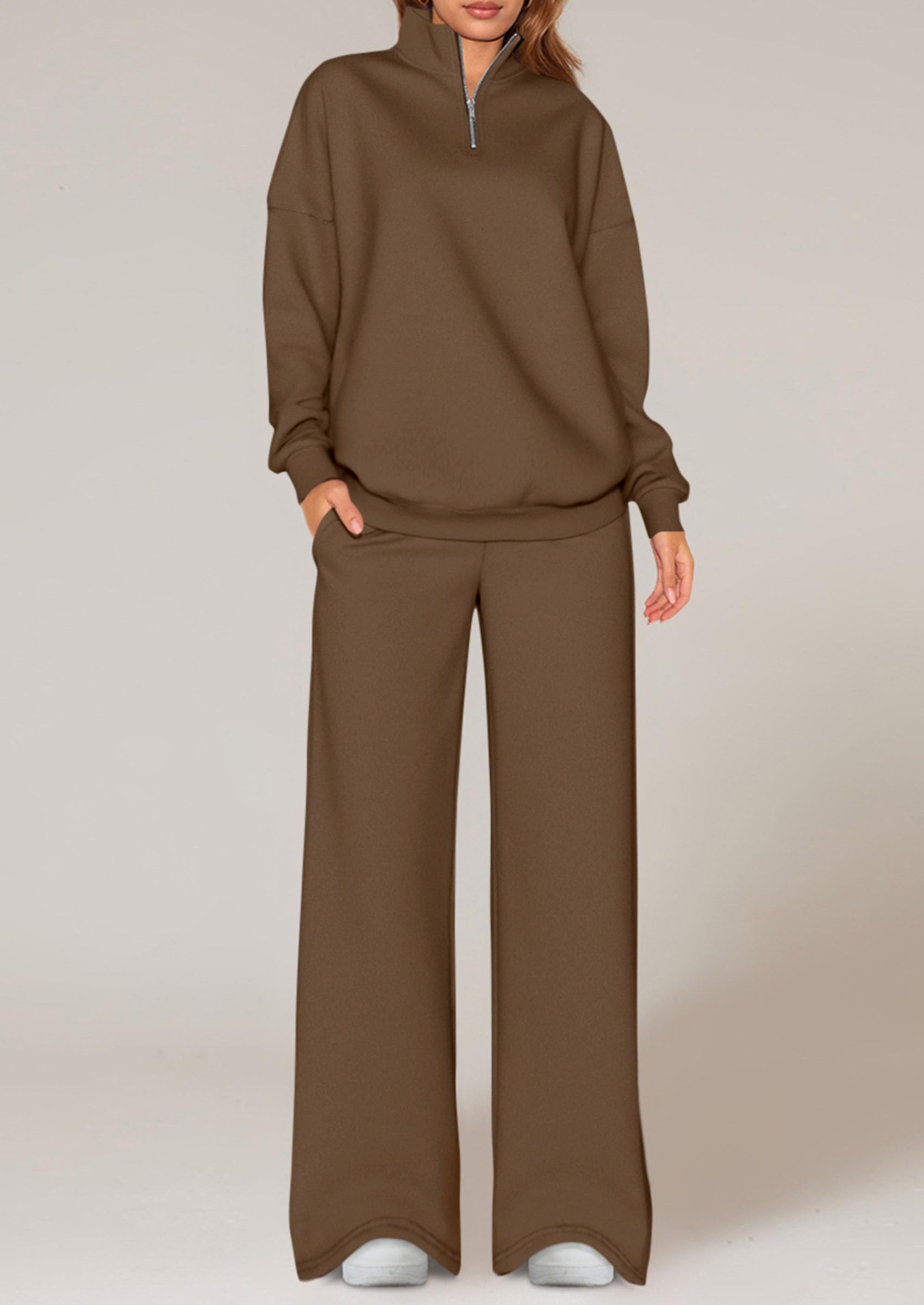 Osonn Womens Casual Two Piece Sets Fall Outfits Quarter Zip Sweatshirts Straight Leg Pants Sweatsuits Tracksuit