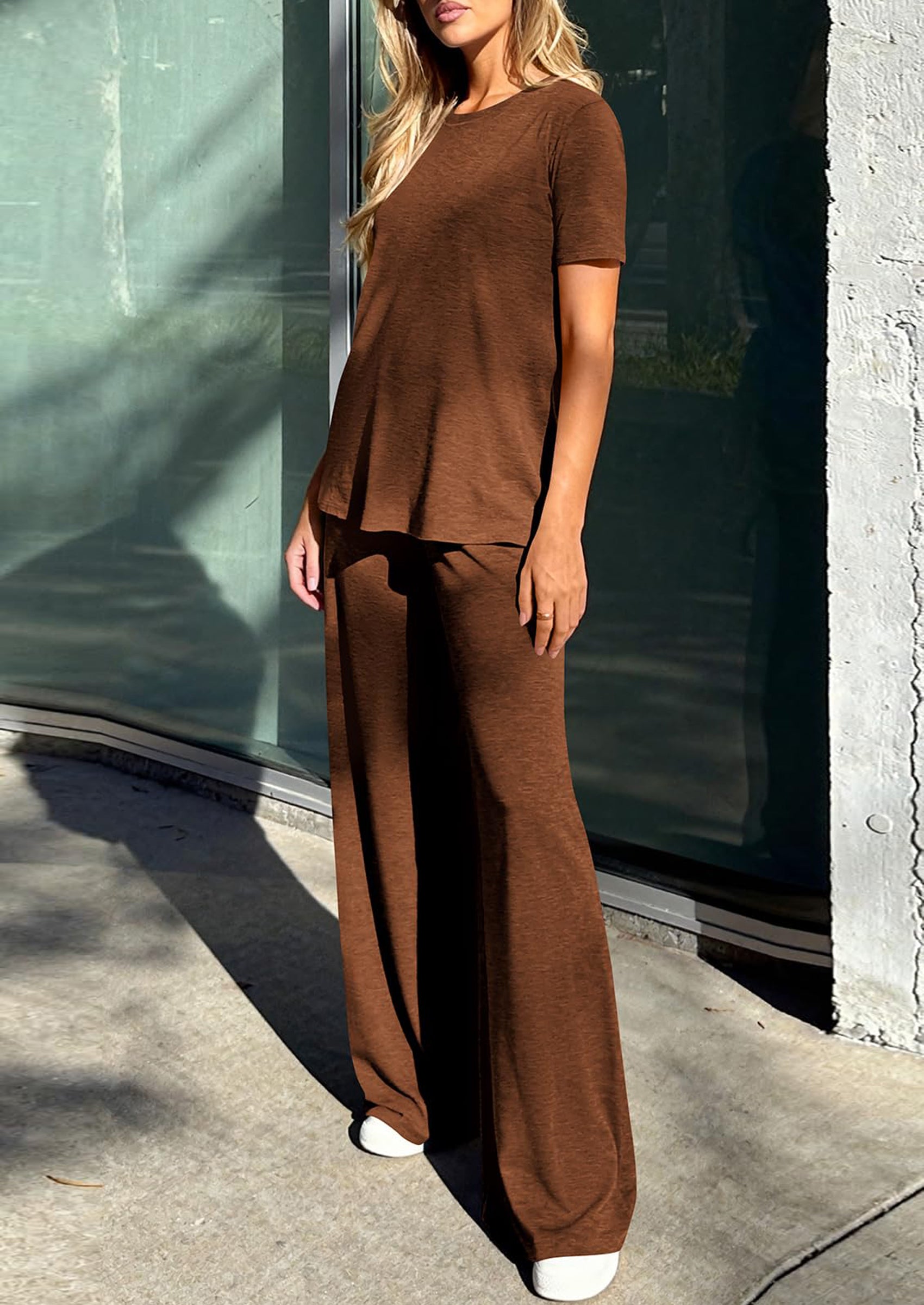 Osonn Summer Lounge Sets for Women 2 Piece Short Sleeve Crewneck Cute Tops and Wide Leg Pants with Pockets Pj Set