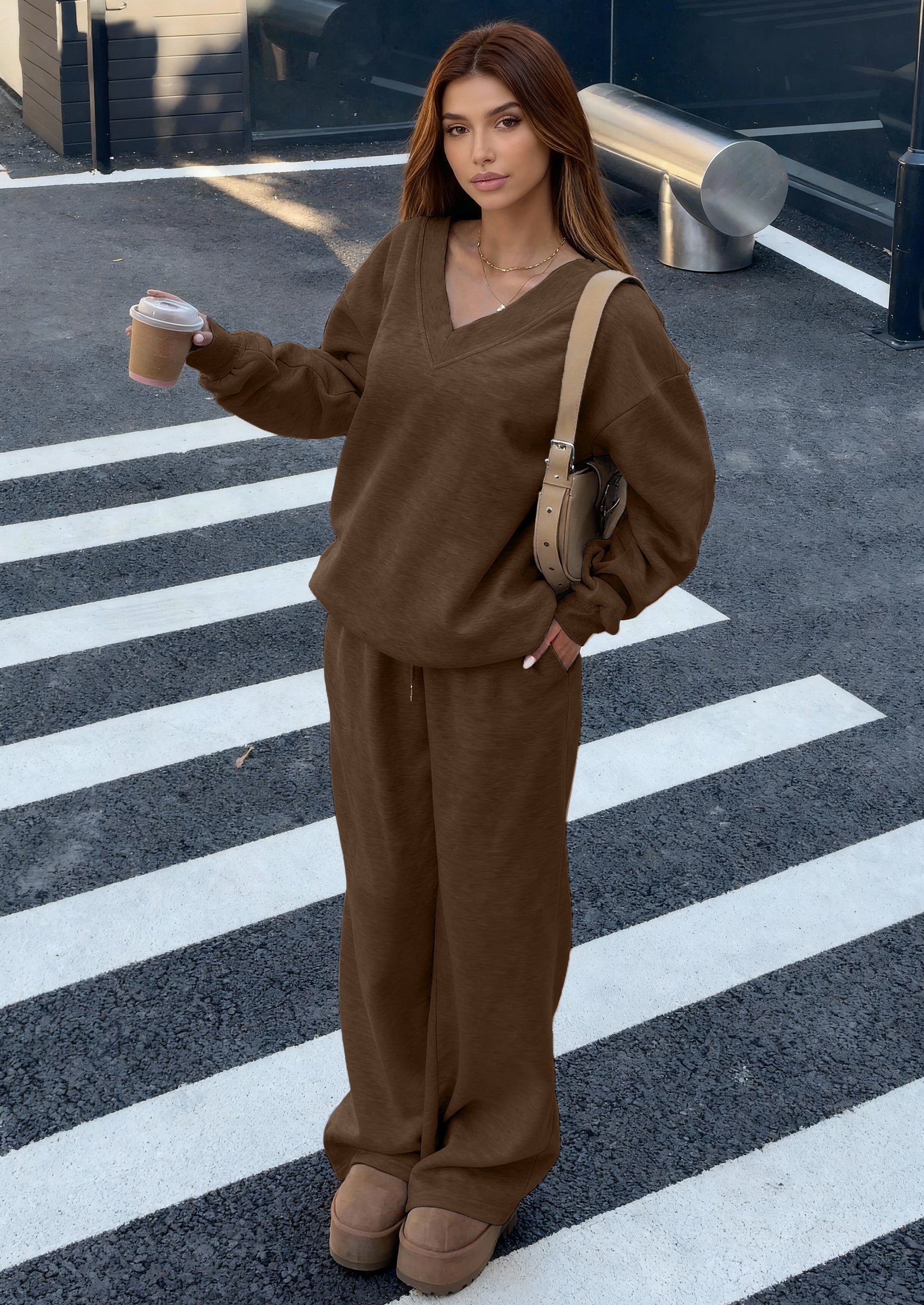 Osonn Casual Winter Two Piece Sets for Women V Neck Sweatshirt Loose Wide Leg Pants Tracksuit Knit Fall Outfits