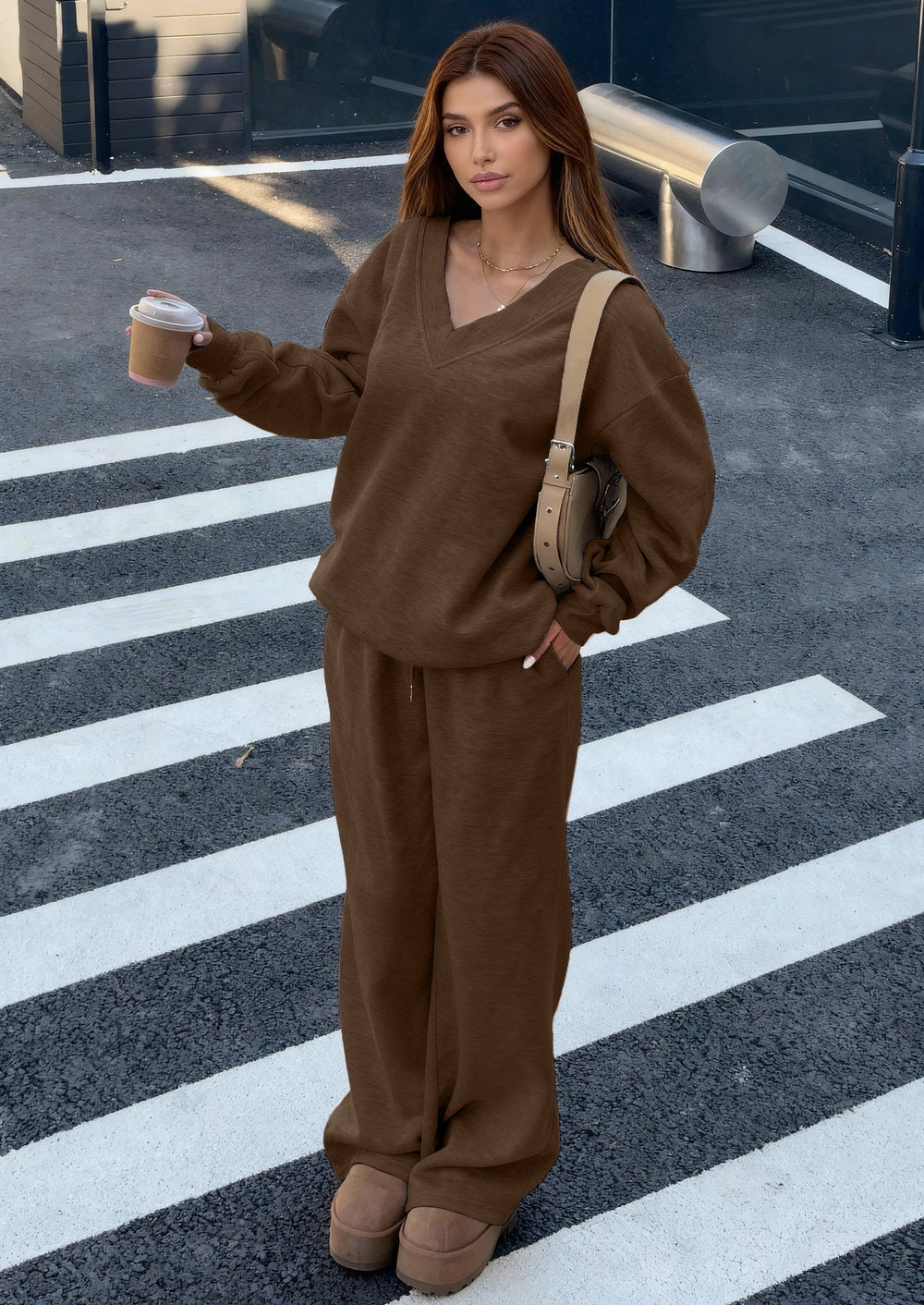 Osonn Casual Winter Two Piece Sets for Women V Neck Sweatshirt Loose Wide Leg Pants Tracksuit Knit Fall Outfits
