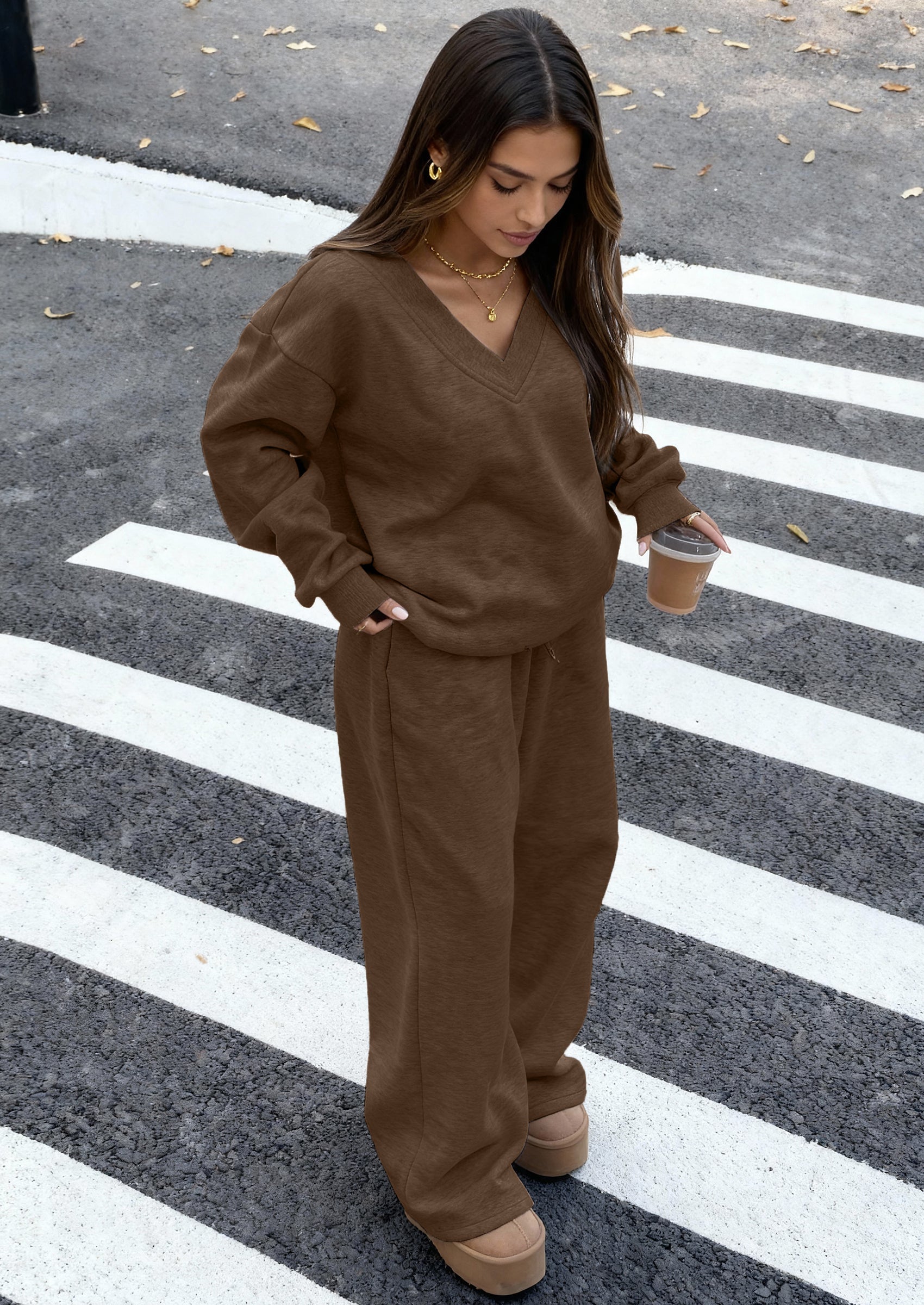 Osonn Casual Winter Two Piece Sets for Women V Neck Sweatshirt Loose Wide Leg Pants Tracksuit Knit Fall Outfits