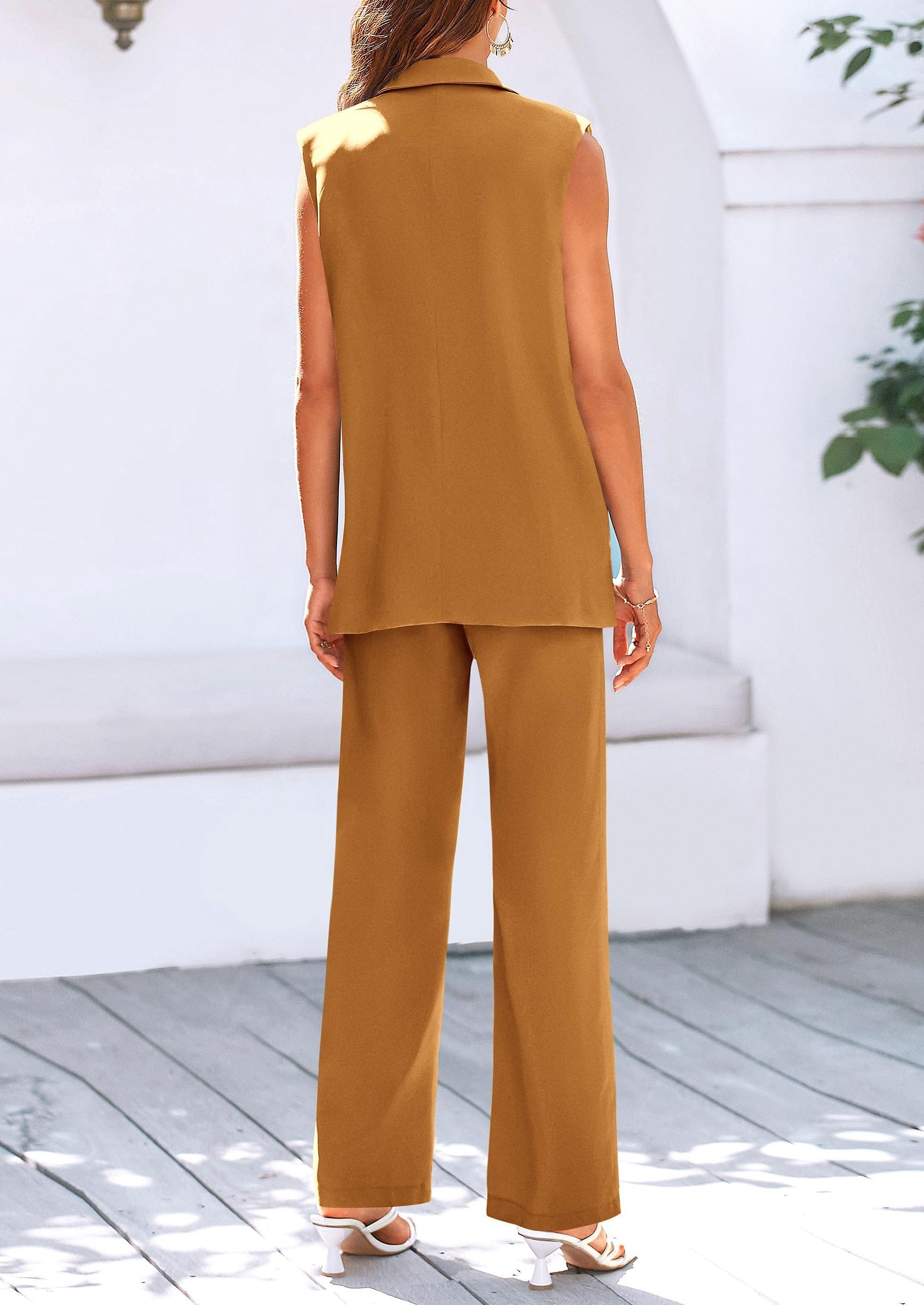 Osonn Women's 2 Piece Outfits Sleeveless Suit Vest and Wide Leg Pants Business Casual Blazer Sets