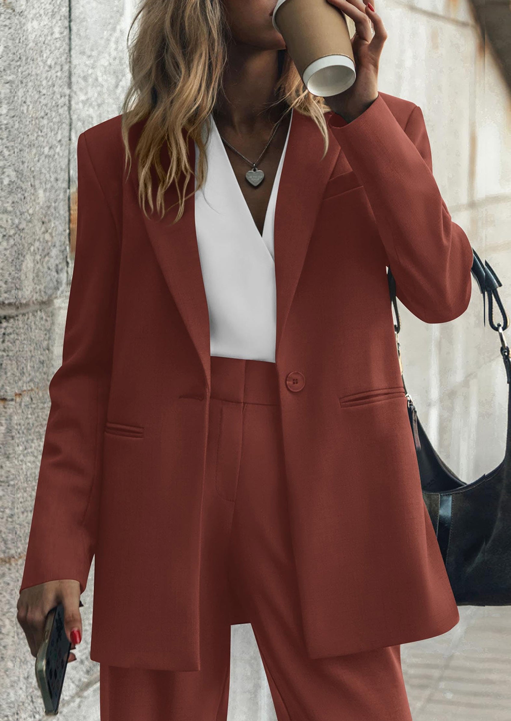 Osonn Women's Fall Two Piece Outfits Dressy Blazer Jacket and Wide Leg Pants Pockets Business Casual Office Suit Sets