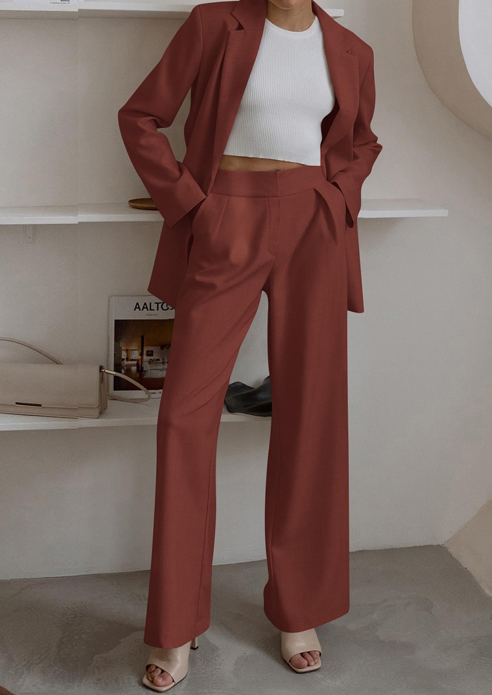 Osonn Women's Fall Two Piece Outfits Dressy Blazer Jacket and Wide Leg Pants Pockets Business Casual Office Suit Sets