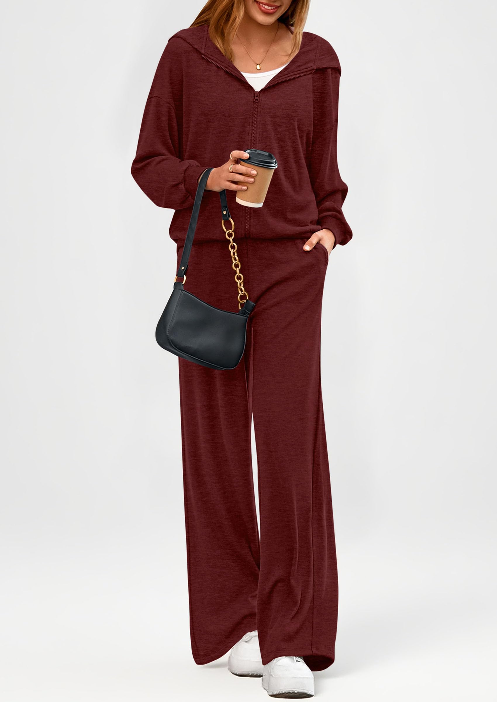 Osonn Women's 2 Piece Fall Lounge Sets Zip Up Hoodie Wide Leg Pants Tracksuit Matching Travel Outfits Clothes