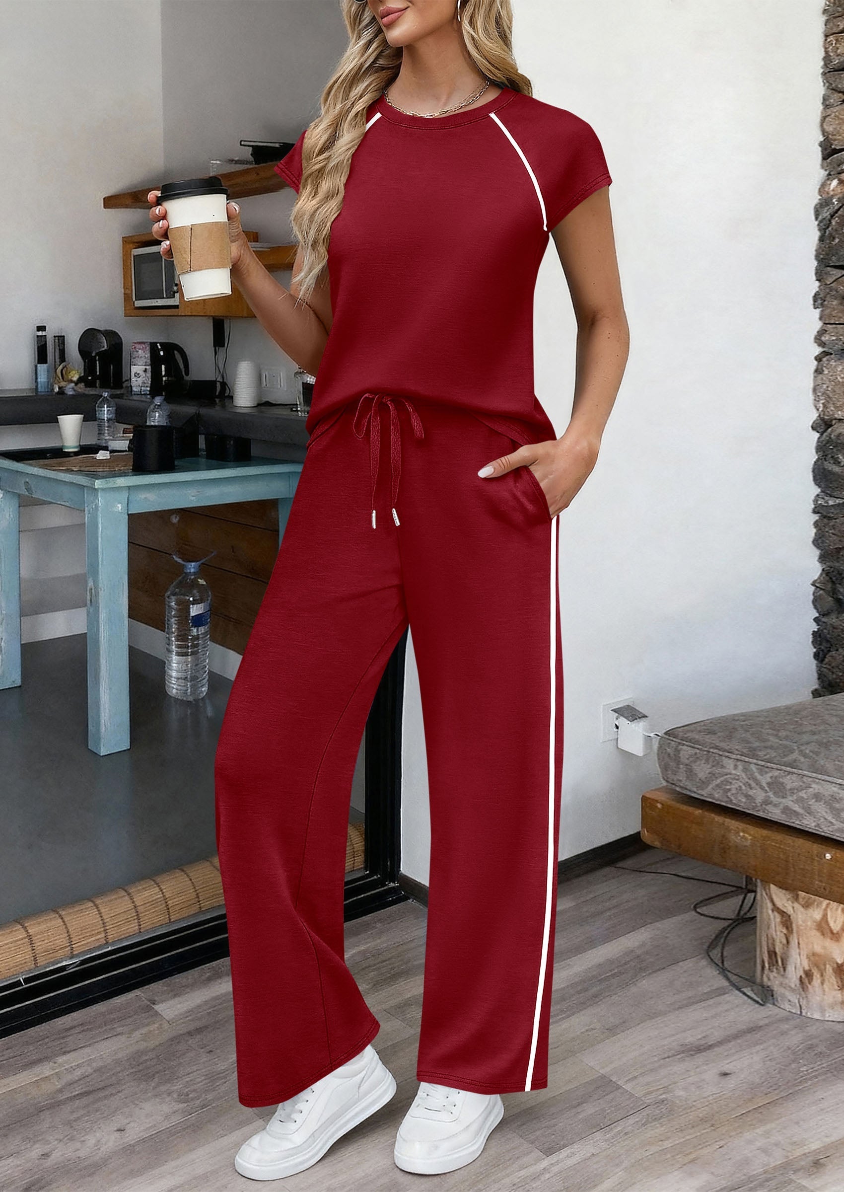 Osonn Women's 2 Piece Lounge Sets Summer Cap Sleeve Tops Wide Leg Pants Travel Outfits Matching Fashion Clothing