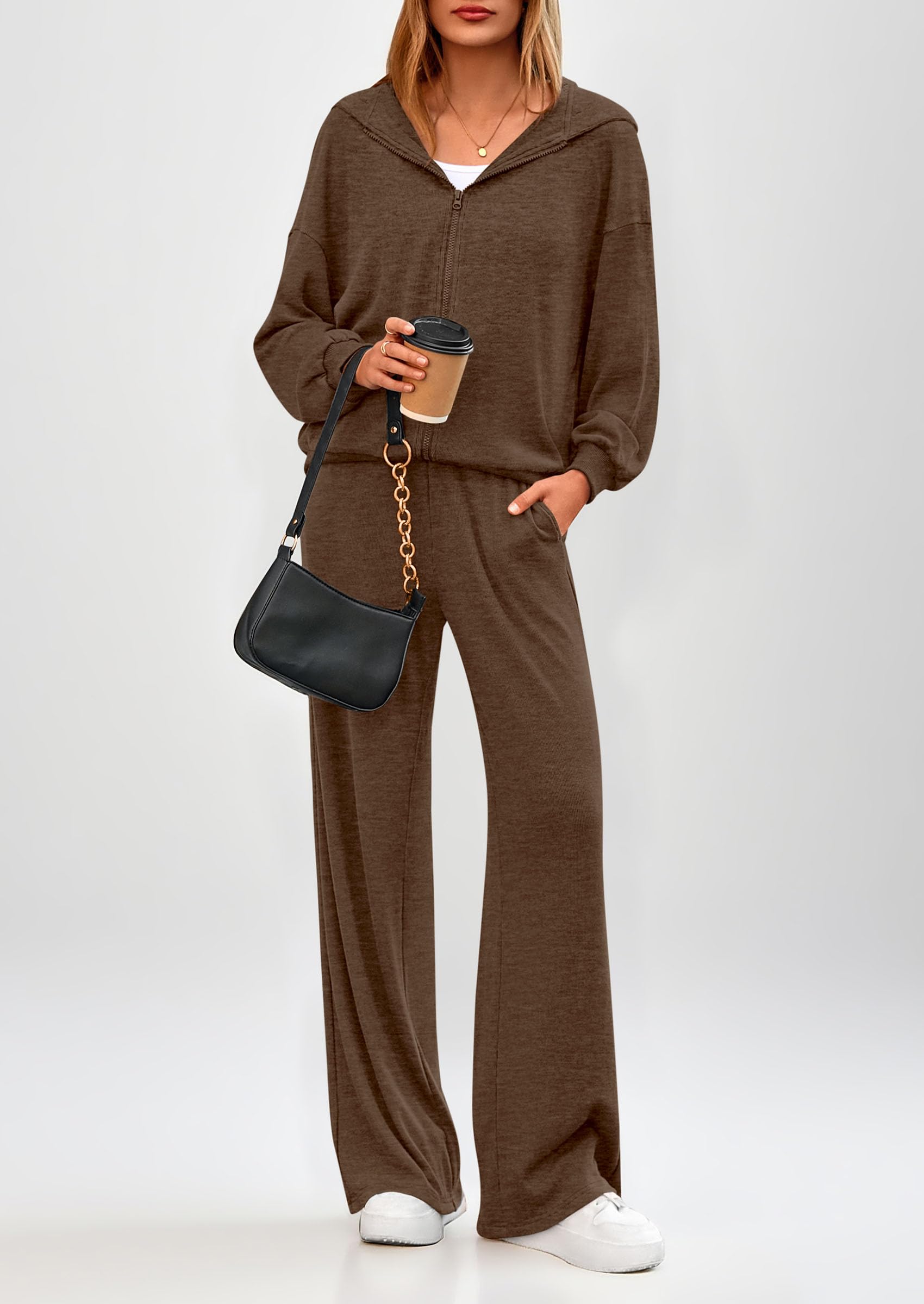 Osonn Women's 2 Piece Fall Lounge Sets Zip Up Hoodie Wide Leg Pants Tracksuit Matching Travel Outfits Clothes