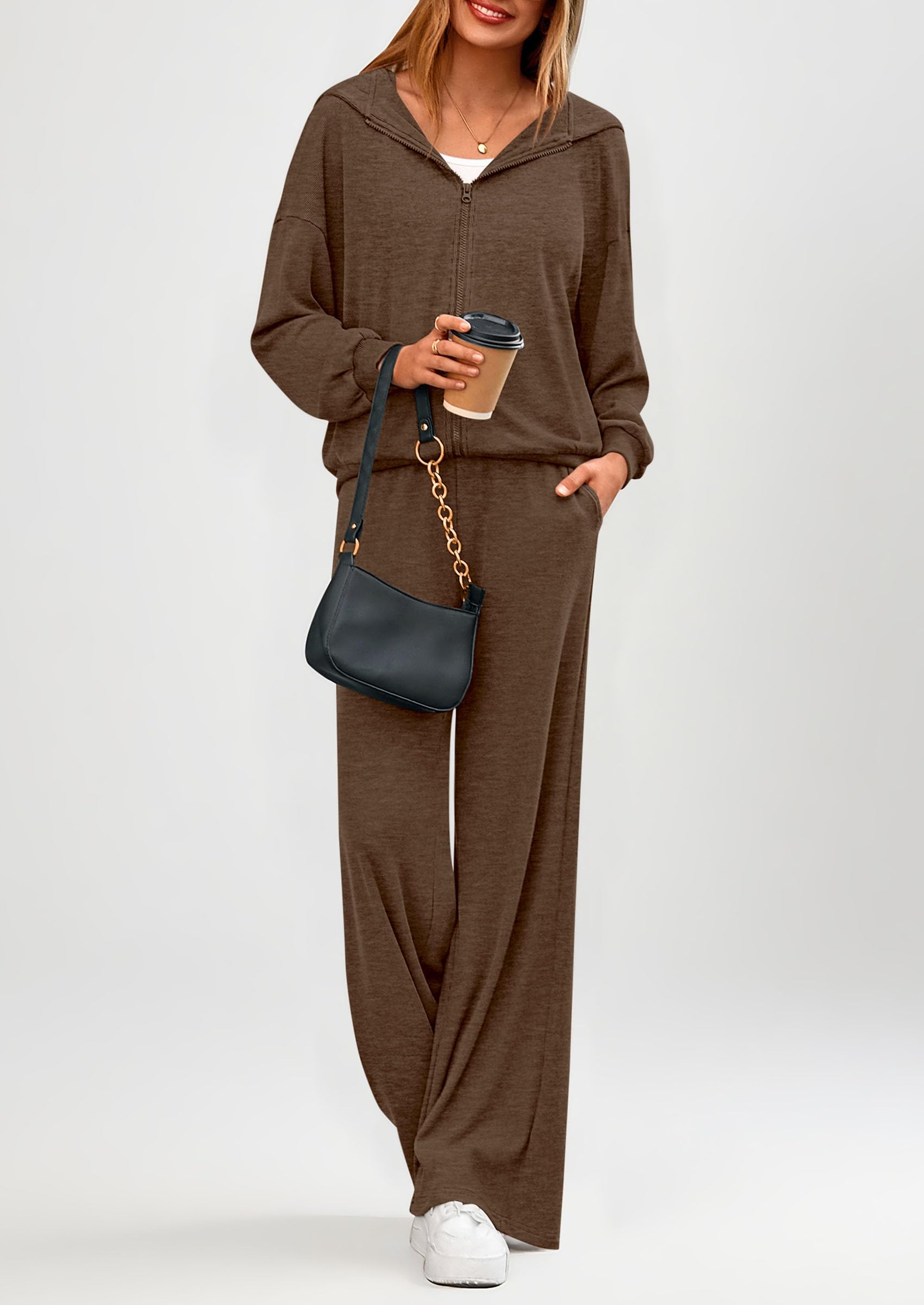 Osonn Women's 2 Piece Fall Lounge Sets Zip Up Hoodie Wide Leg Pants Tracksuit Matching Travel Outfits Clothes