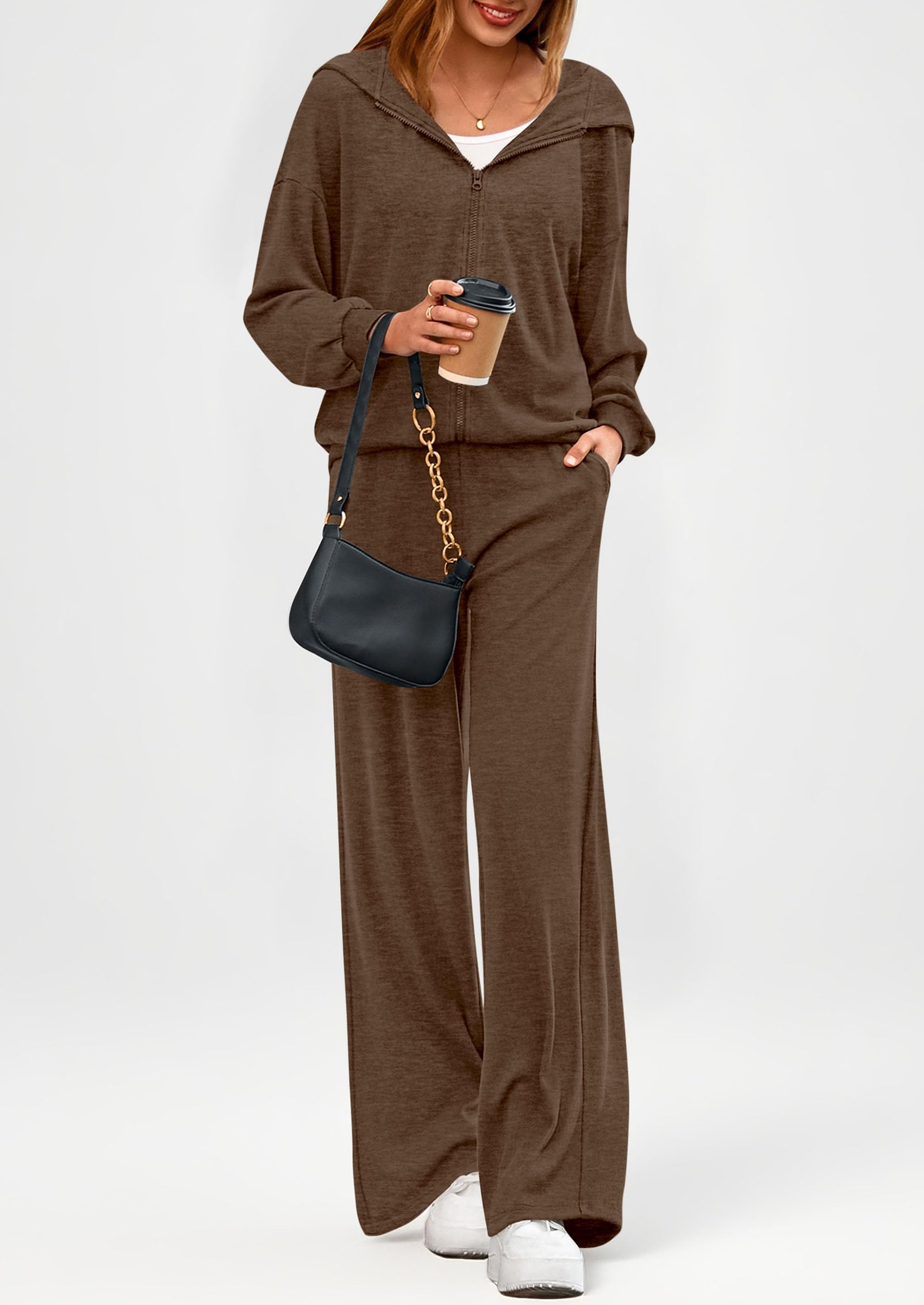 Osonn Women's 2 Piece Fall Lounge Sets Zip Up Hoodie Wide Leg Pants Tracksuit Matching Travel Outfits Clothes
