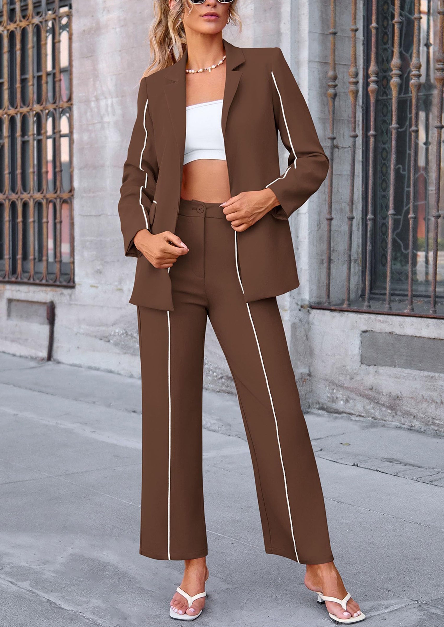 Osonn 2 Piece Blazer Outfits Business Casual Oversized Jacket Wide Leg Work Pants Dressy Suit Set