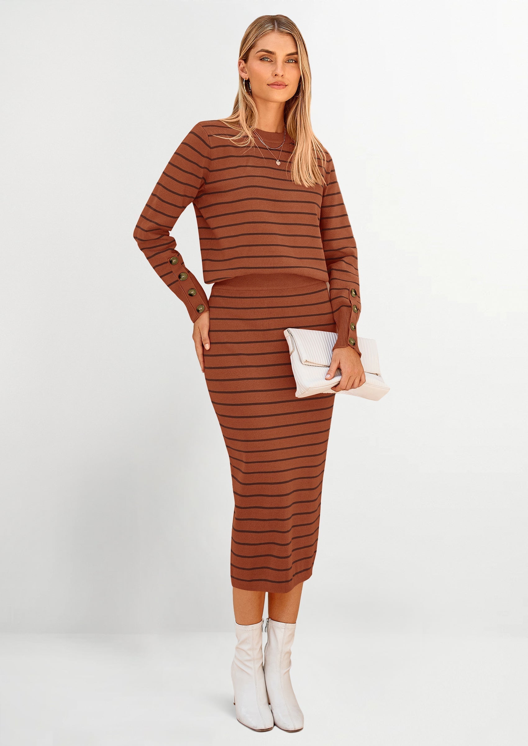 Osonn 2 Piece Skirts Sets For Women Fall Fashion Striped Sweater Dress Knit Lounge Travel Outfits Winter Clothing