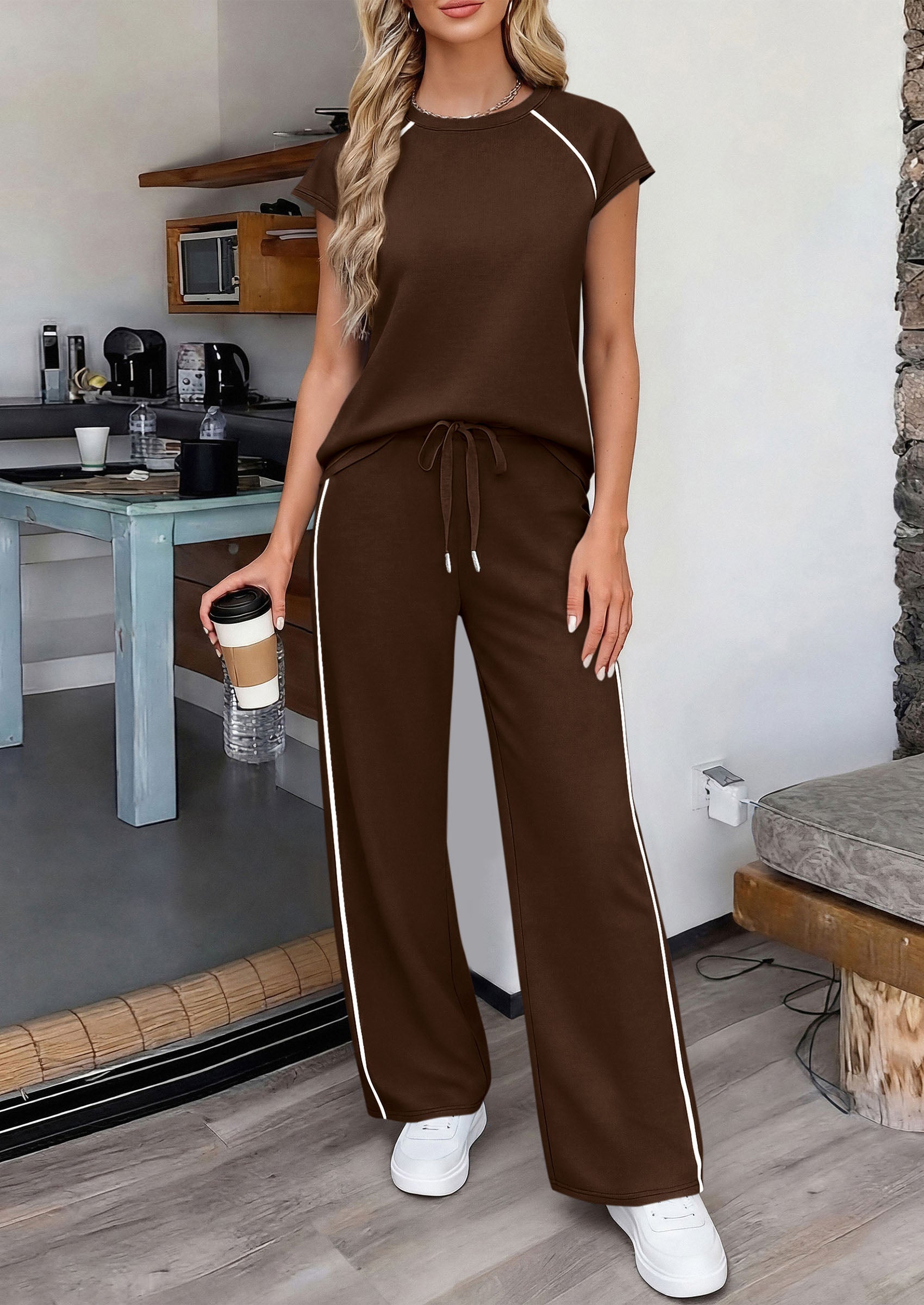 Osonn Women's 2 Piece Lounge Sets Summer Cap Sleeve Tops Wide Leg Pants Travel Outfits Matching Fashion Clothing