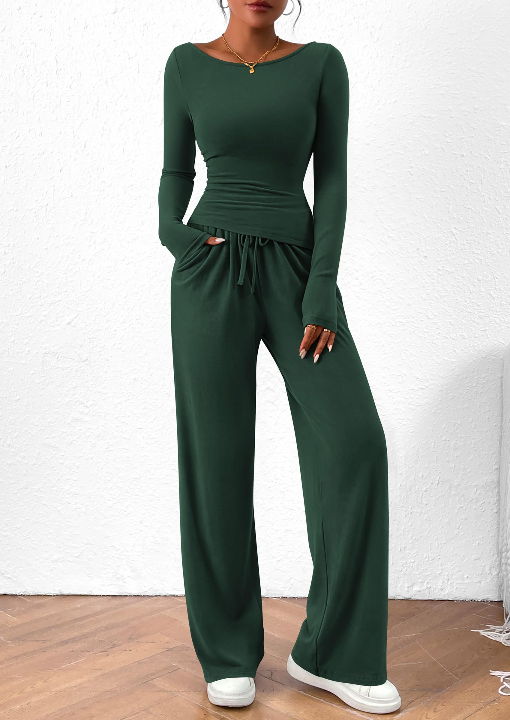 Osonn Women's 2 Piece Lounge Sets Asymmetrical Long Sleeve T Shirt Wide Leg Pants Casual Outfits Tracksuit