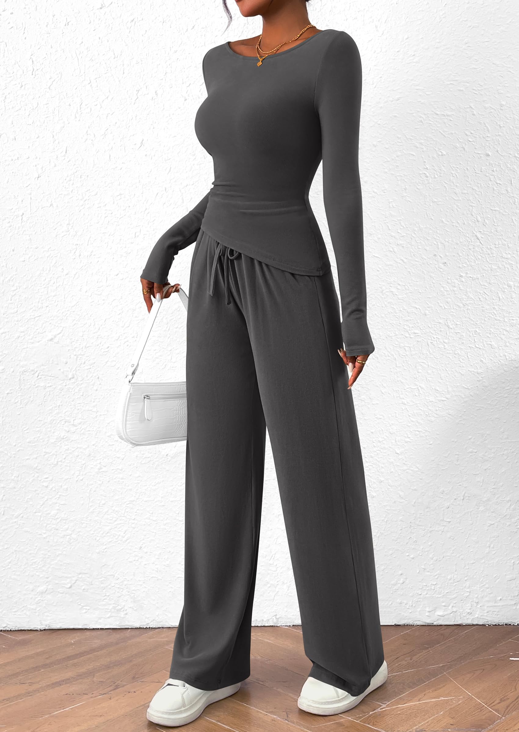 Osonn Women's 2 Piece Lounge Sets Asymmetrical Long Sleeve T Shirt Wide Leg Pants Casual Outfits Tracksuit