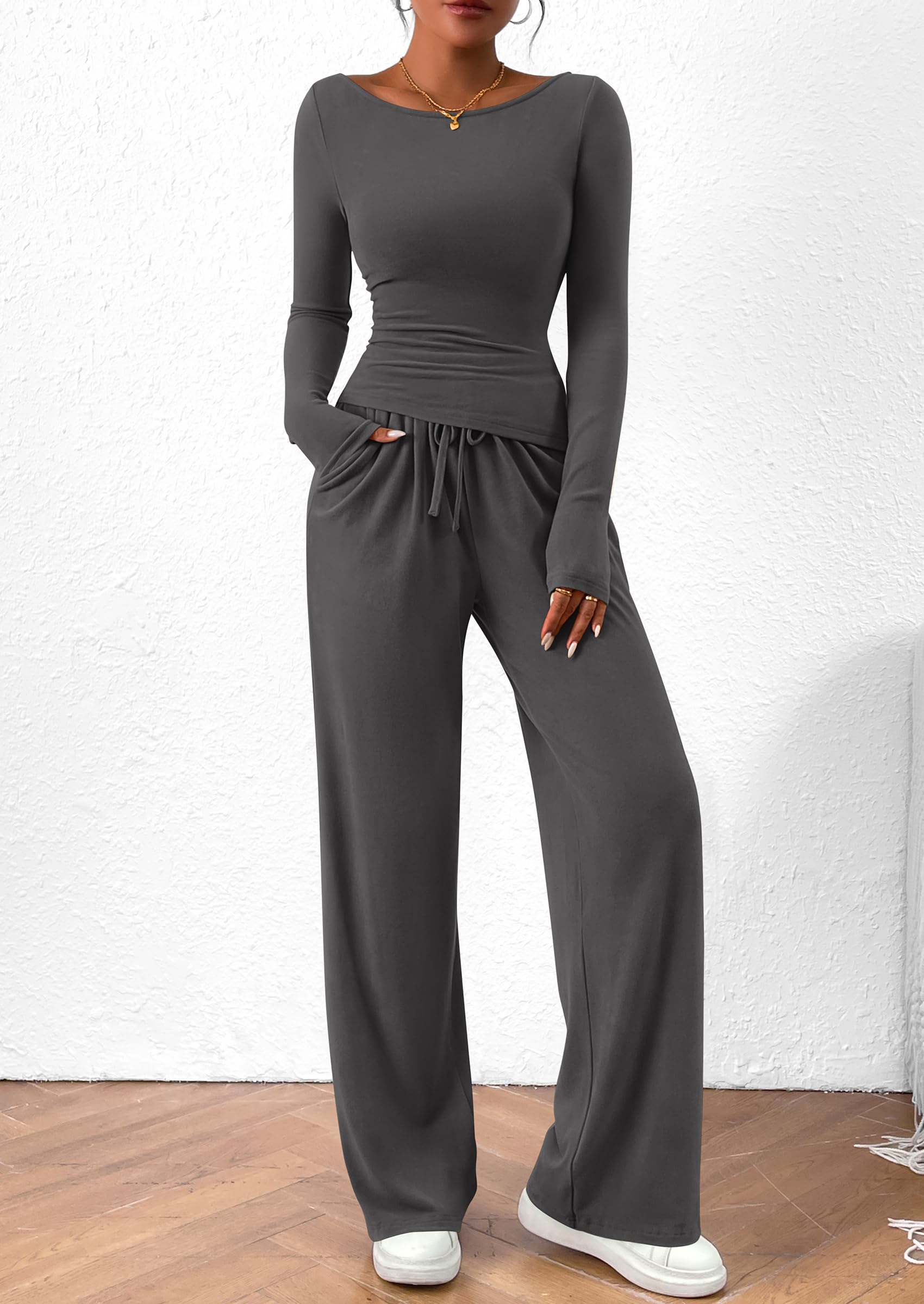 Osonn Women's 2 Piece Lounge Sets Asymmetrical Long Sleeve T Shirt Wide Leg Pants Casual Outfits Tracksuit