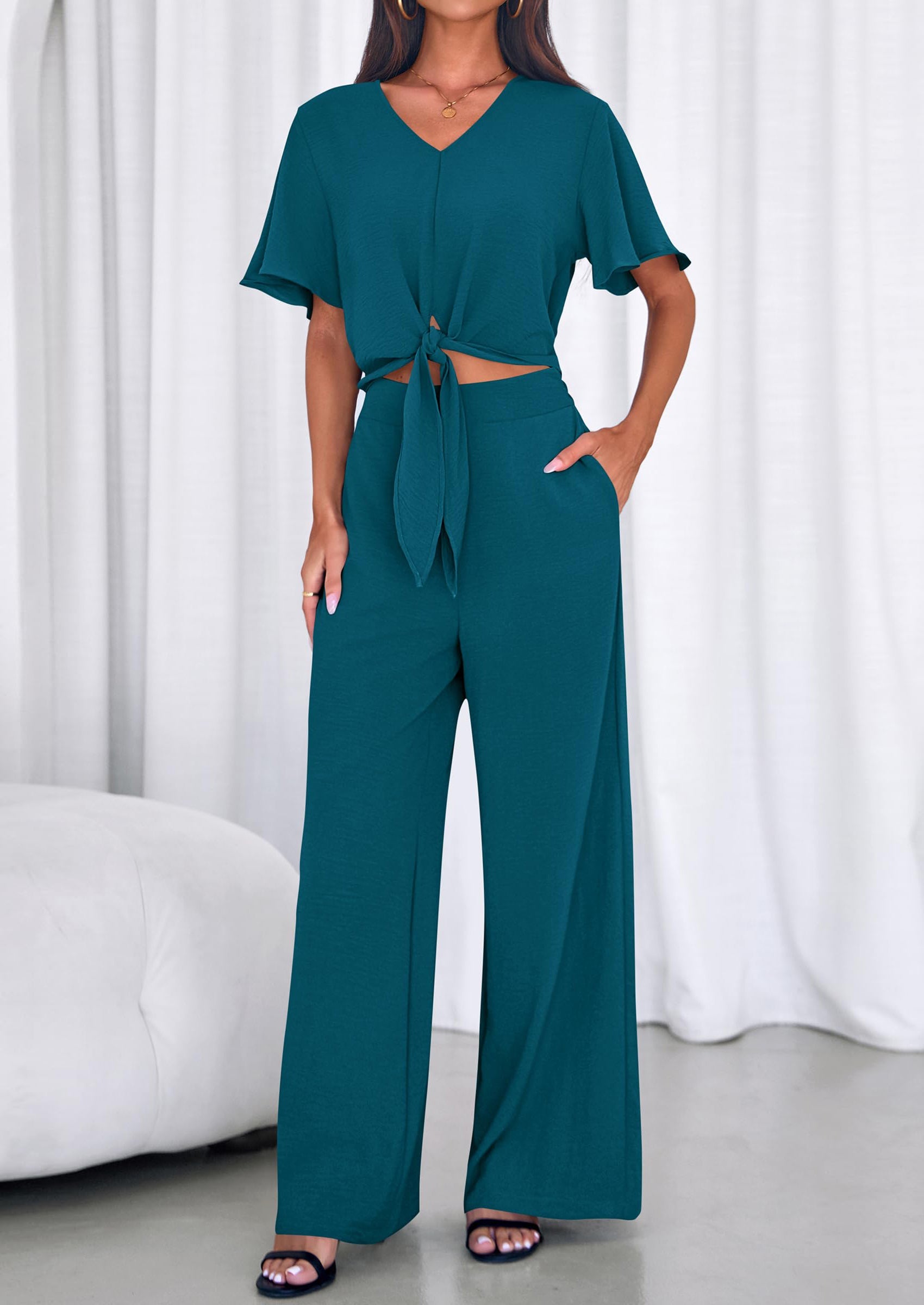 Osonn Women 2 Piece Summer Outfits Short Sleeve Strappy Top Wide Leg Pants Tracksuit Lounge Sets Beach Clothes