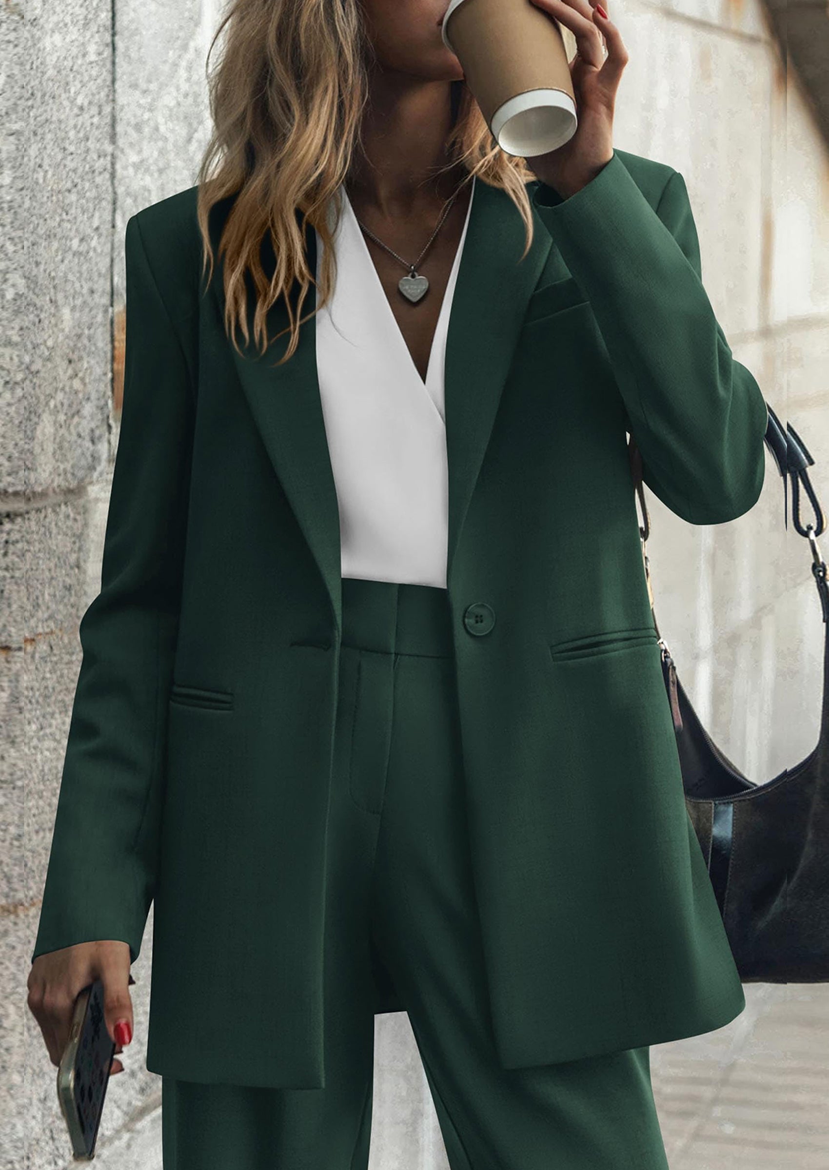 Osonn Women's Fall Two Piece Outfits Dressy Blazer Jacket and Wide Leg Pants Pockets Business Casual Office Suit Sets