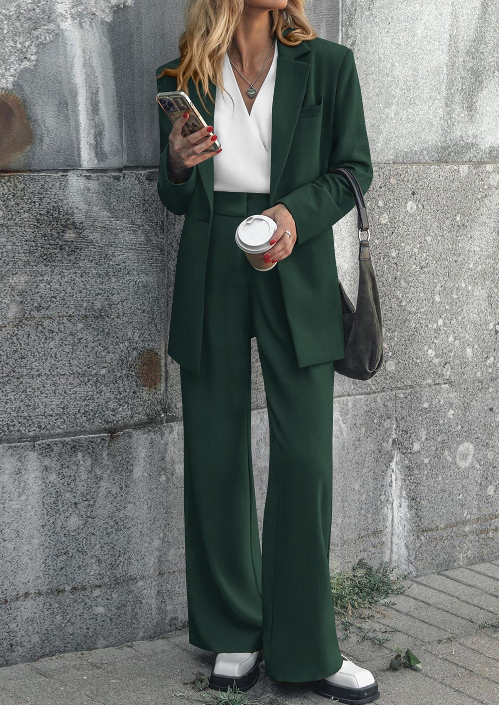 Osonn Women's Fall Two Piece Outfits Dressy Blazer Jacket and Wide Leg Pants Pockets Business Casual Office Suit Sets