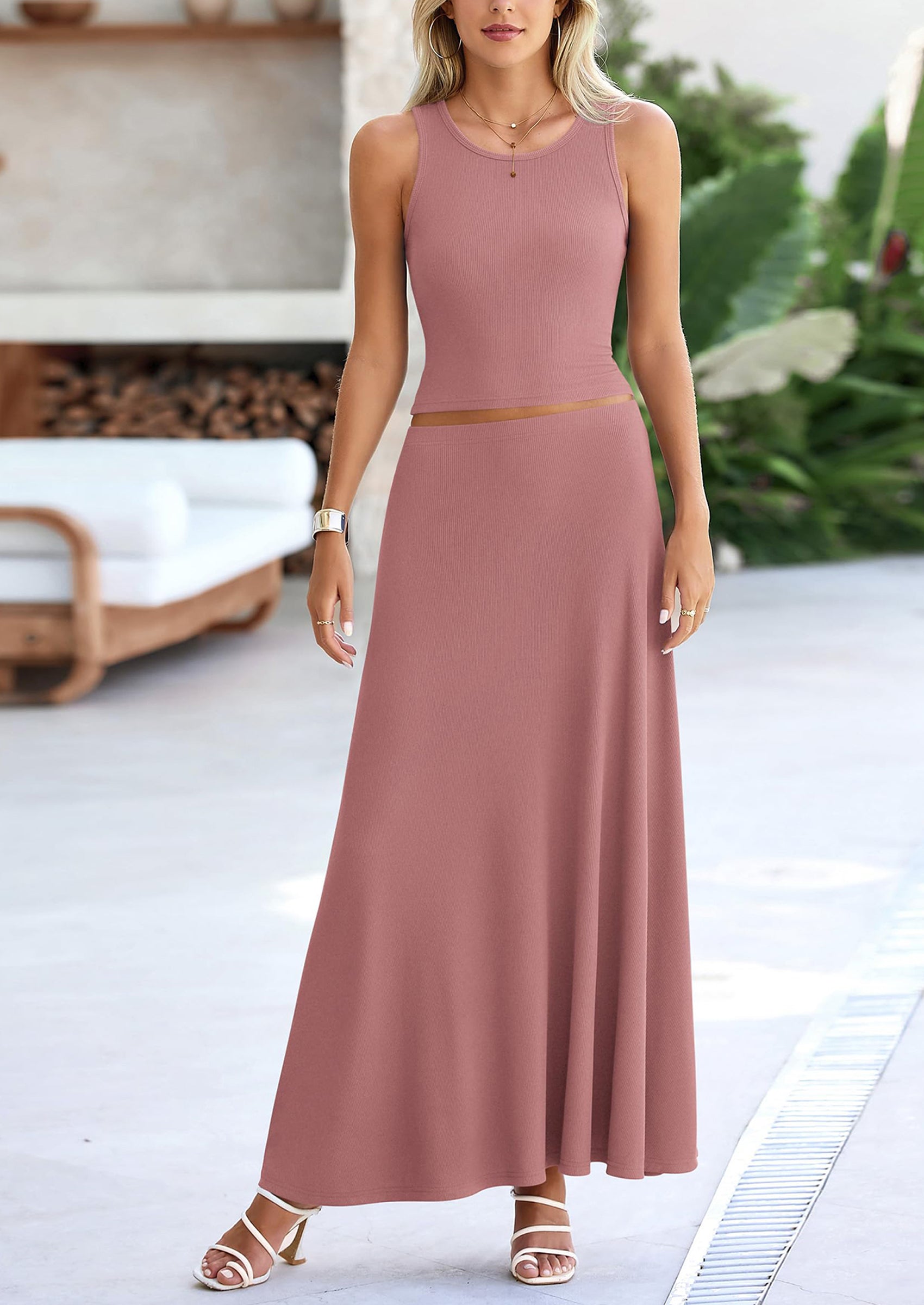 Osonn 2 Piece Maxi Skirt Sets Casual Knit Cropped Tank Top High Waisted Long Skirts Outfit