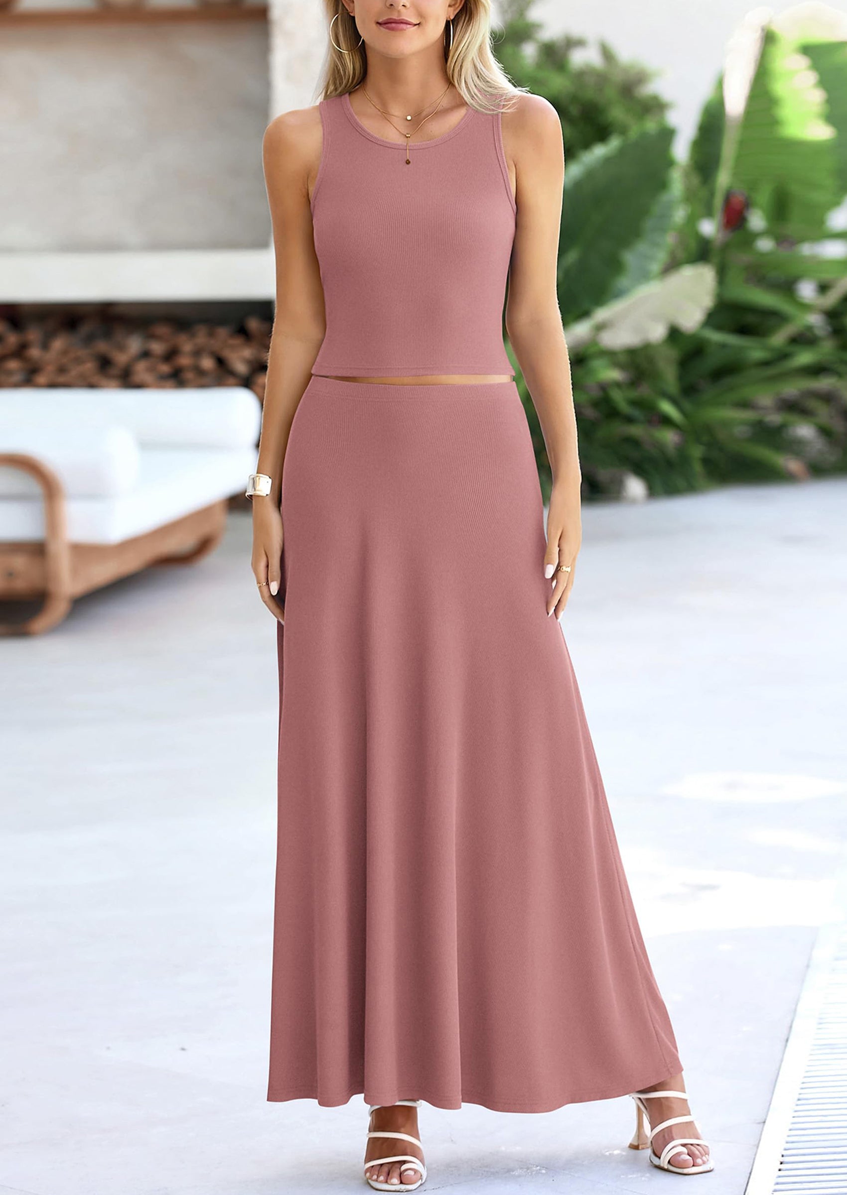 Osonn 2 Piece Maxi Skirt Sets Casual Knit Cropped Tank Top High Waisted Long Skirts Outfit