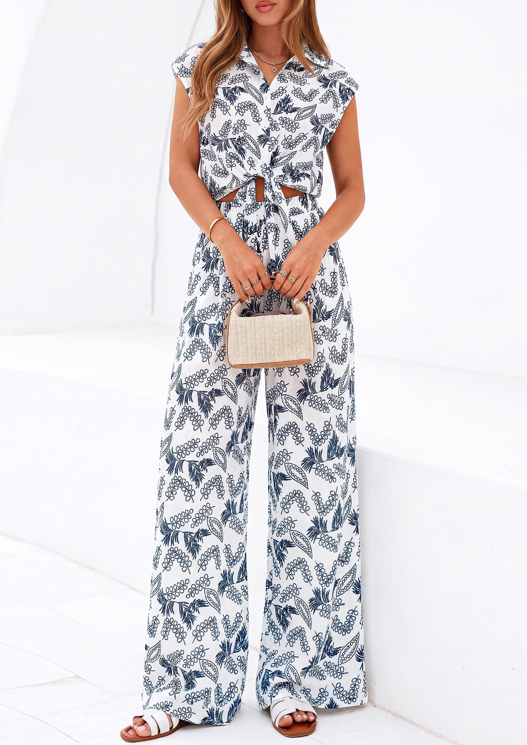 Osonn 2 Piece Sets For Women Summer Striped Button Down Tie Front Crop Tops Wide Leg Pants Floral Lounge Set