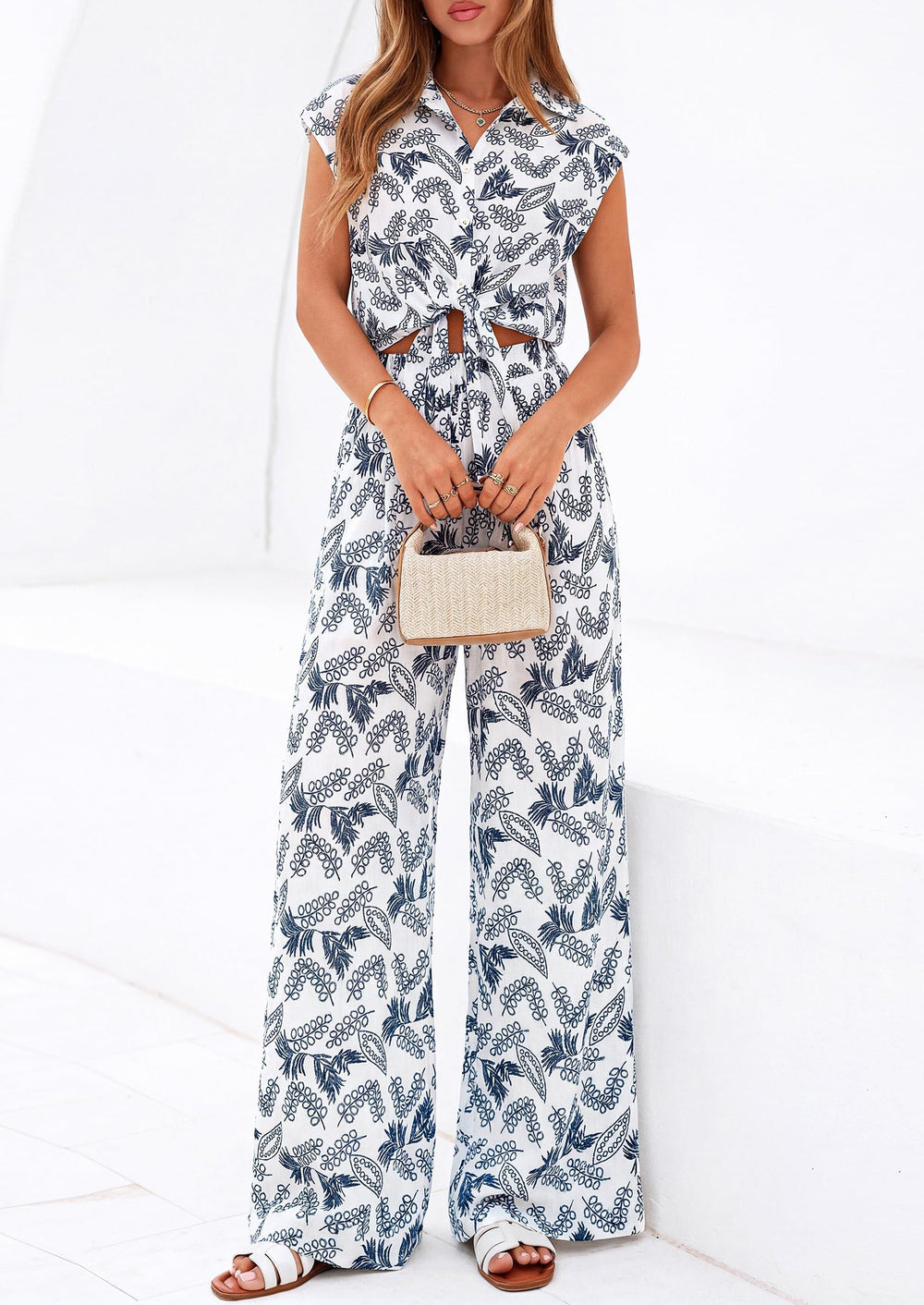Osonn 2 Piece Sets For Women Summer Striped Button Down Tie Front Crop Tops Wide Leg Pants Floral Lounge Set