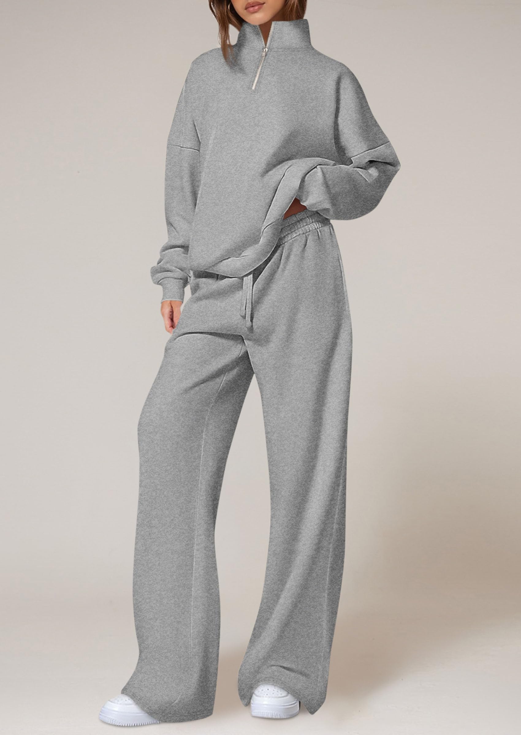 Osonn Womens Casual Two Piece Sets Fall Outfits Quarter Zip Sweatshirts Straight Leg Pants Sweatsuits Tracksuit