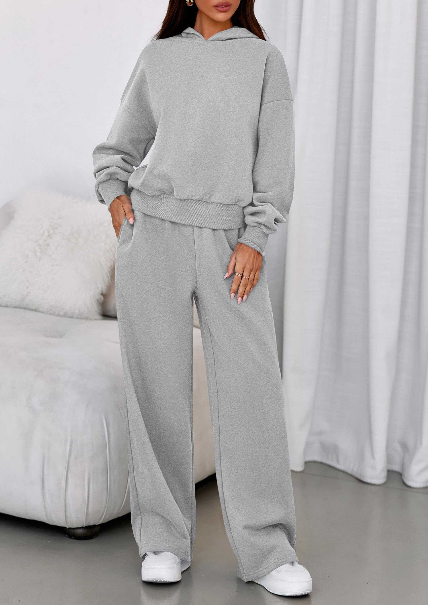 Osonn Womens Sweatsuits 2 Piece Set Casual Winter Long Sleeve Hoodie Loose Wide Leg Sweatpants Fall Tracksuit