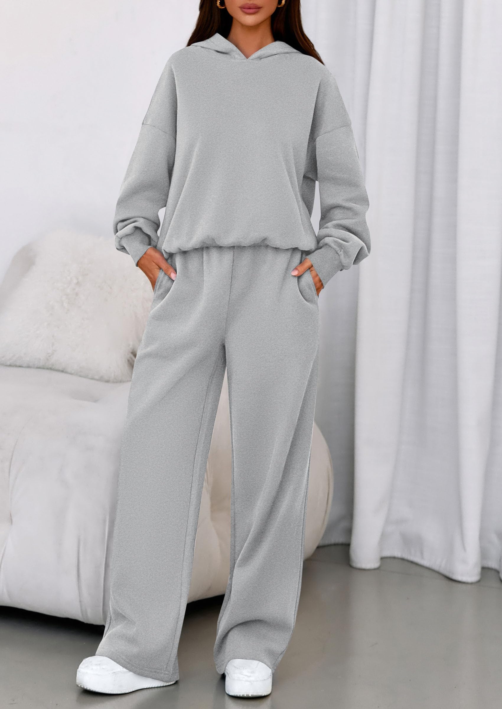 Osonn Womens Sweatsuits 2 Piece Set Casual Winter Long Sleeve Hoodie Loose Wide Leg Sweatpants Fall Tracksuit