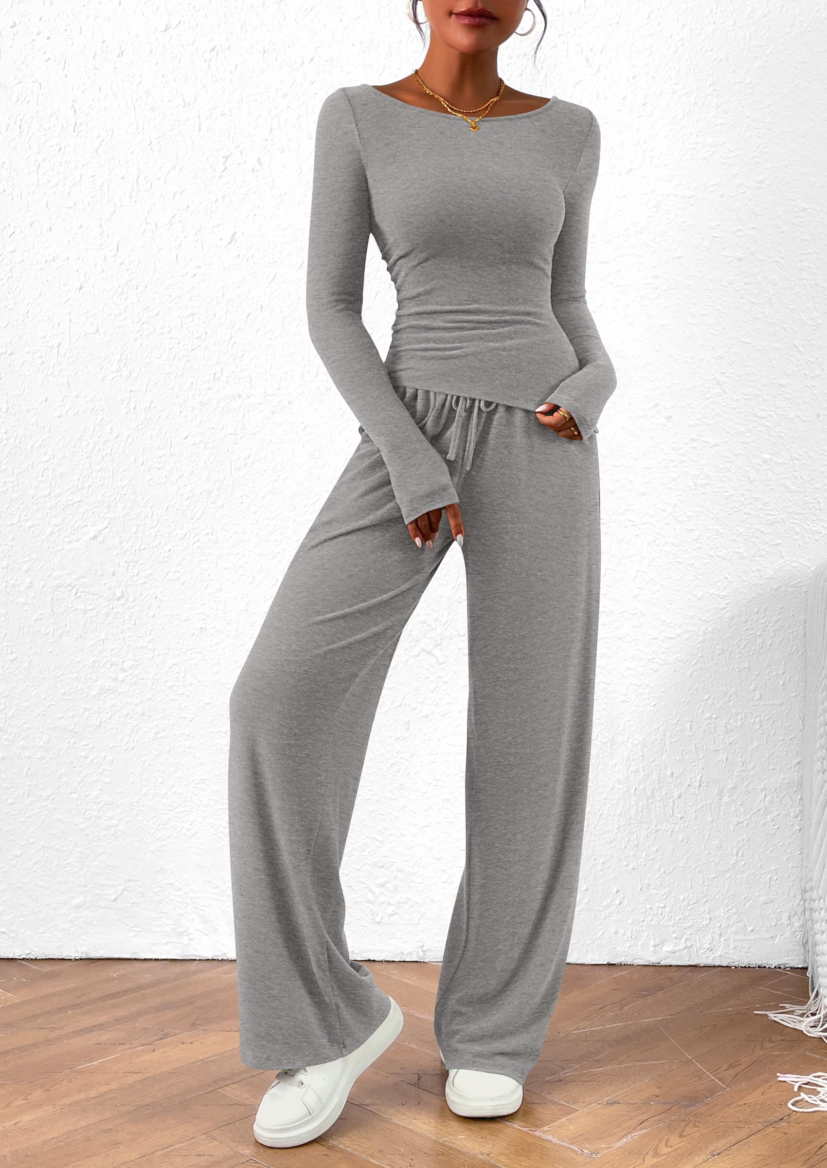 Osonn Women's 2 Piece Lounge Sets Asymmetrical Long Sleeve T Shirt Wide Leg Pants Casual Outfits Tracksuit