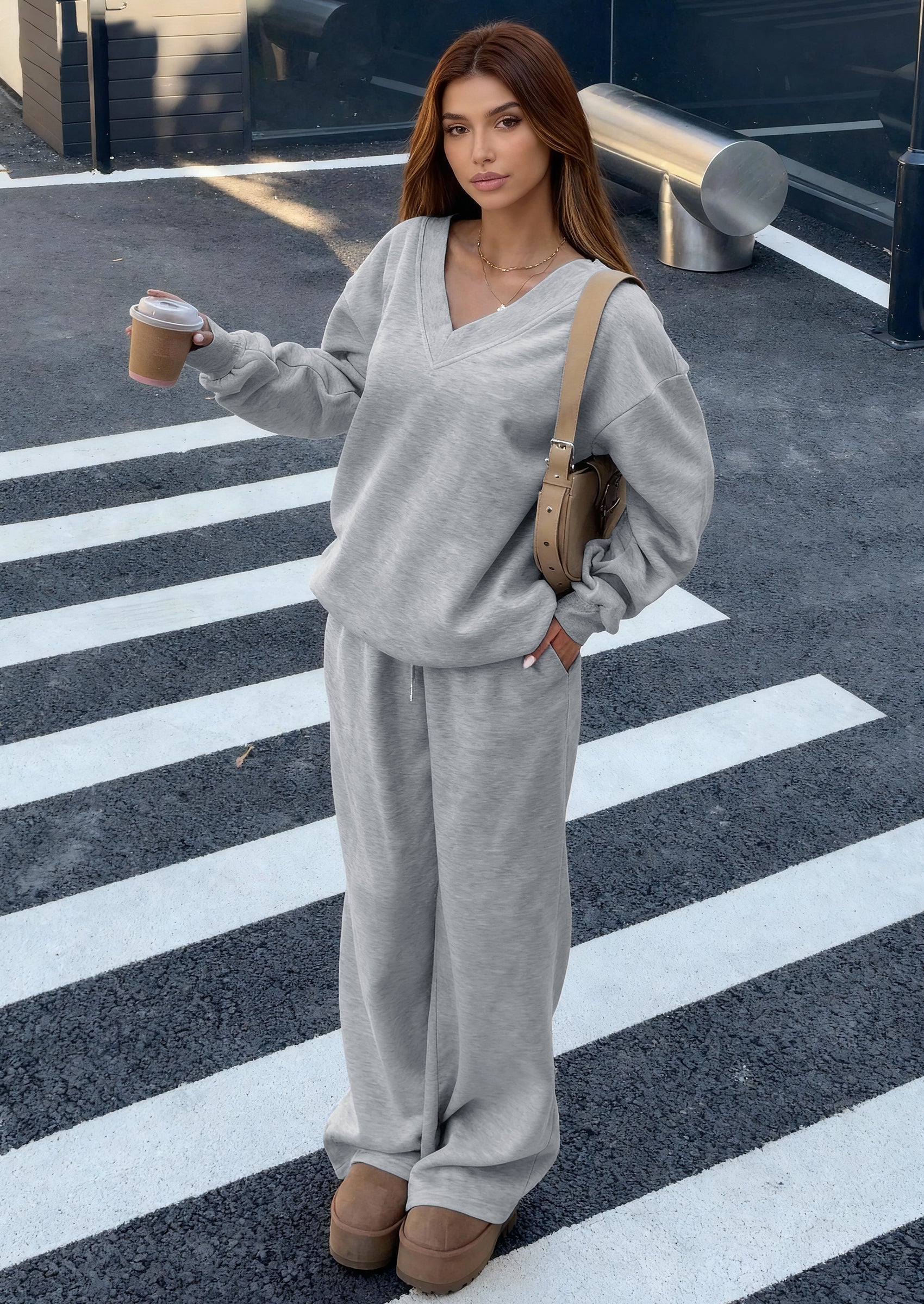 Osonn Casual Winter Two Piece Sets for Women V Neck Sweatshirt Loose Wide Leg Pants Tracksuit Knit Fall Outfits