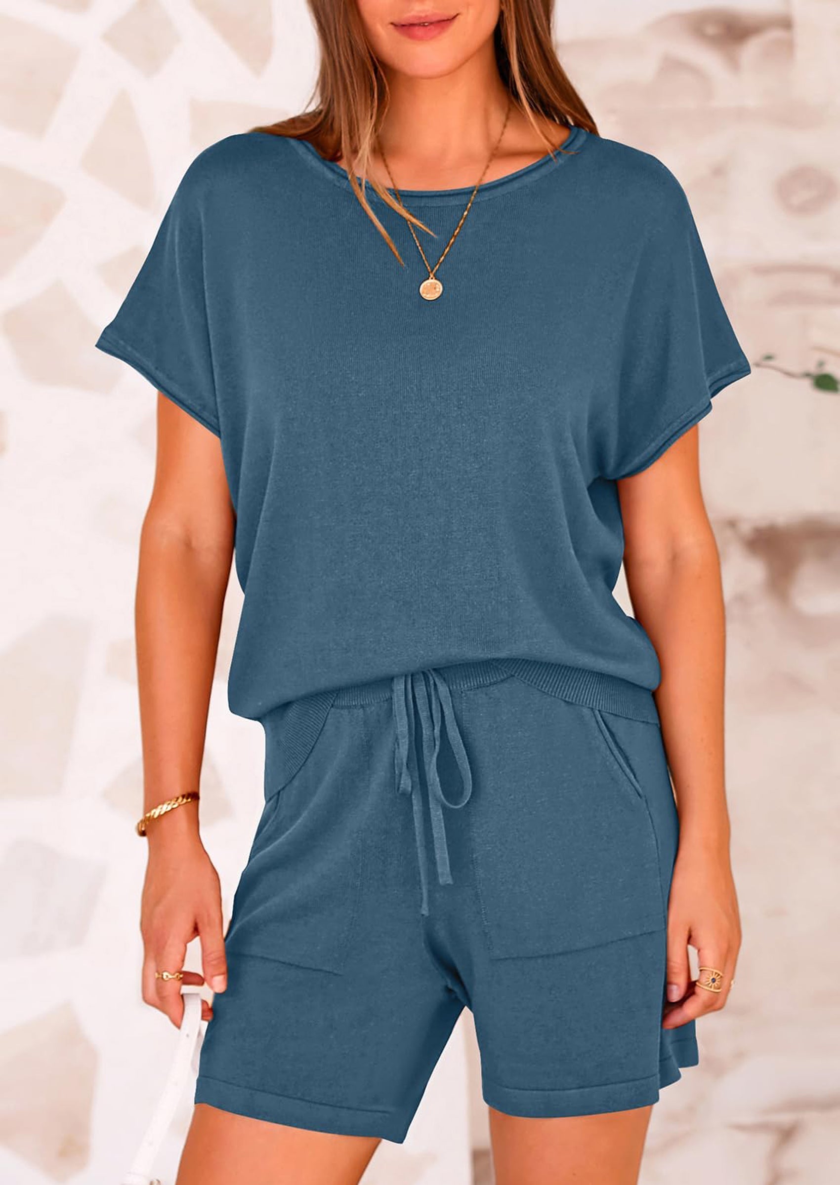 Osonn Two Piece Set for Women Summer Lounge Sets Shorts And Short Sleeve Tops Knitted Matching Travel Spring Outfits