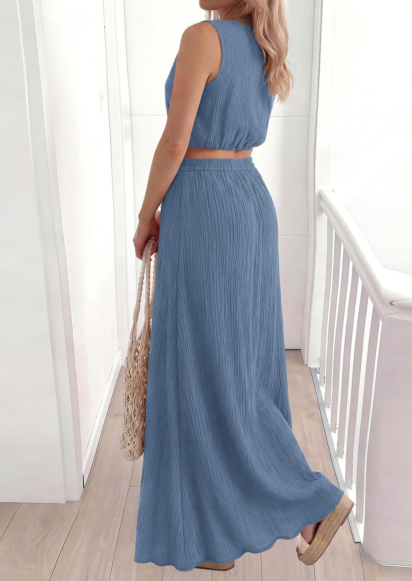 Osonn 2 Piece Sets for Women Summer Outfits Fashion Cotton Sleeveless Crop Top Long Maxi Skirt Set with Pockets