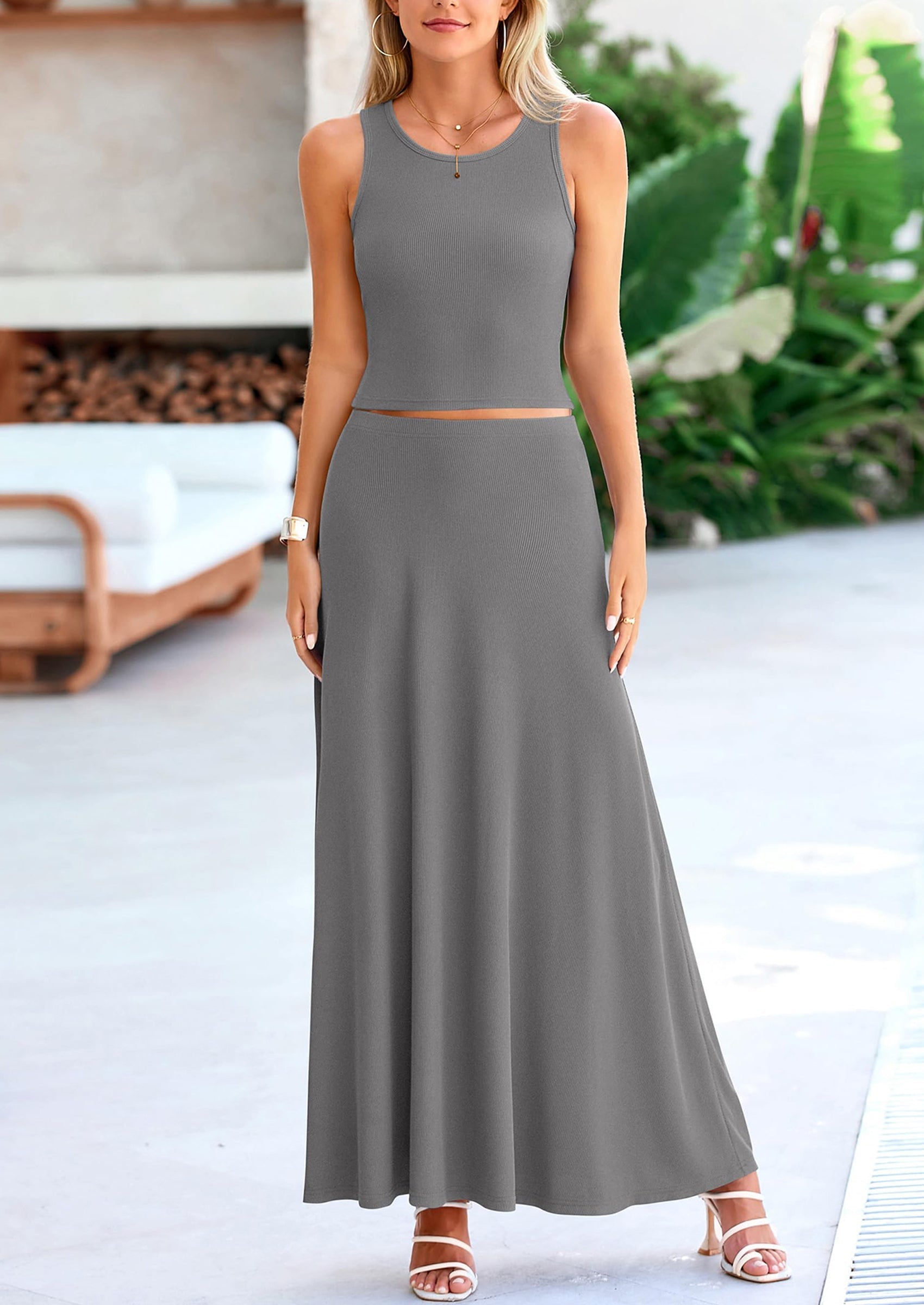 Osonn 2 Piece Maxi Skirt Sets Casual Knit Cropped Tank Top High Waisted Long Skirts Outfit