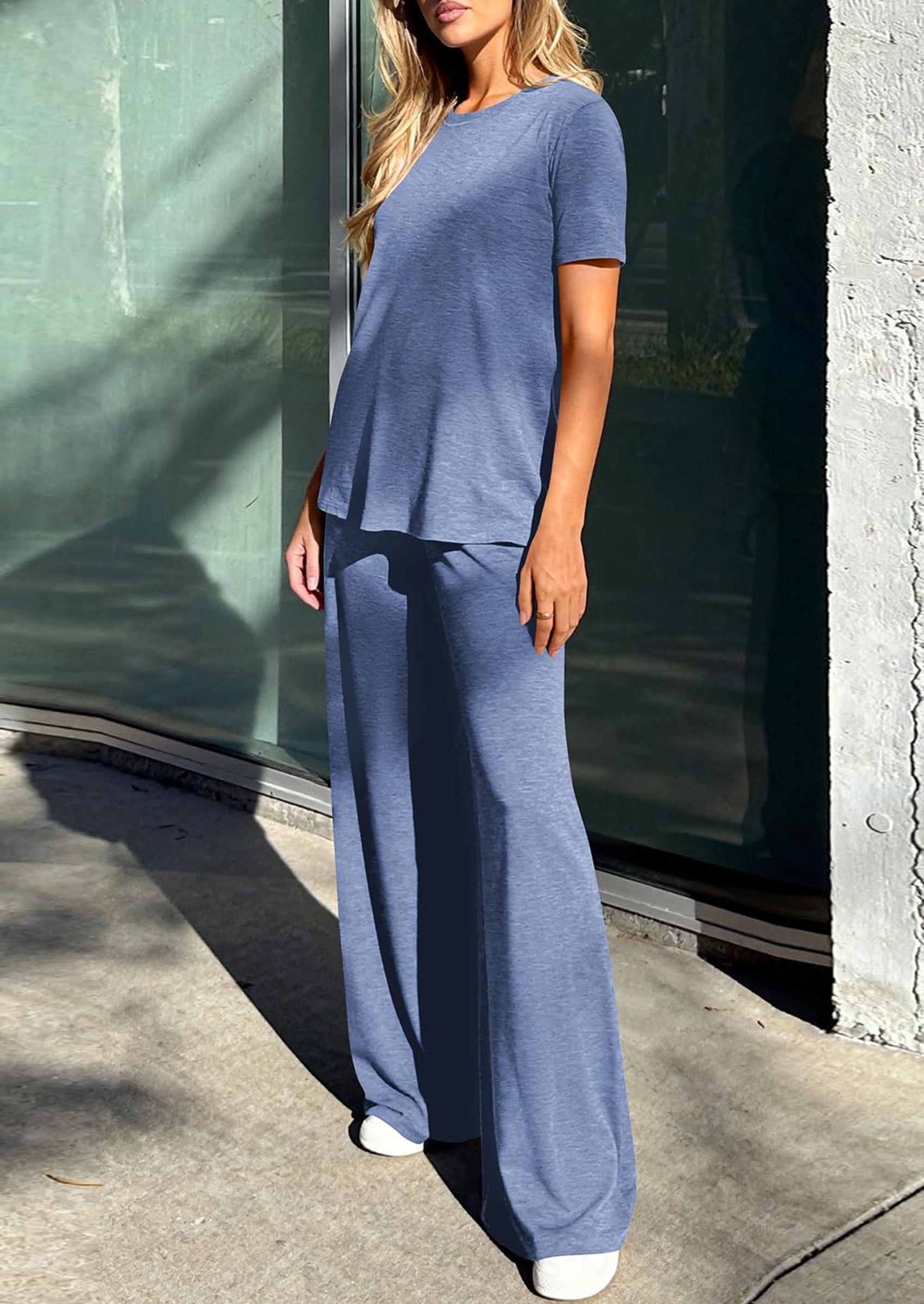 Osonn Summer Lounge Sets for Women 2 Piece Short Sleeve Crewneck Cute Tops and Wide Leg Pants with Pockets Pj Set