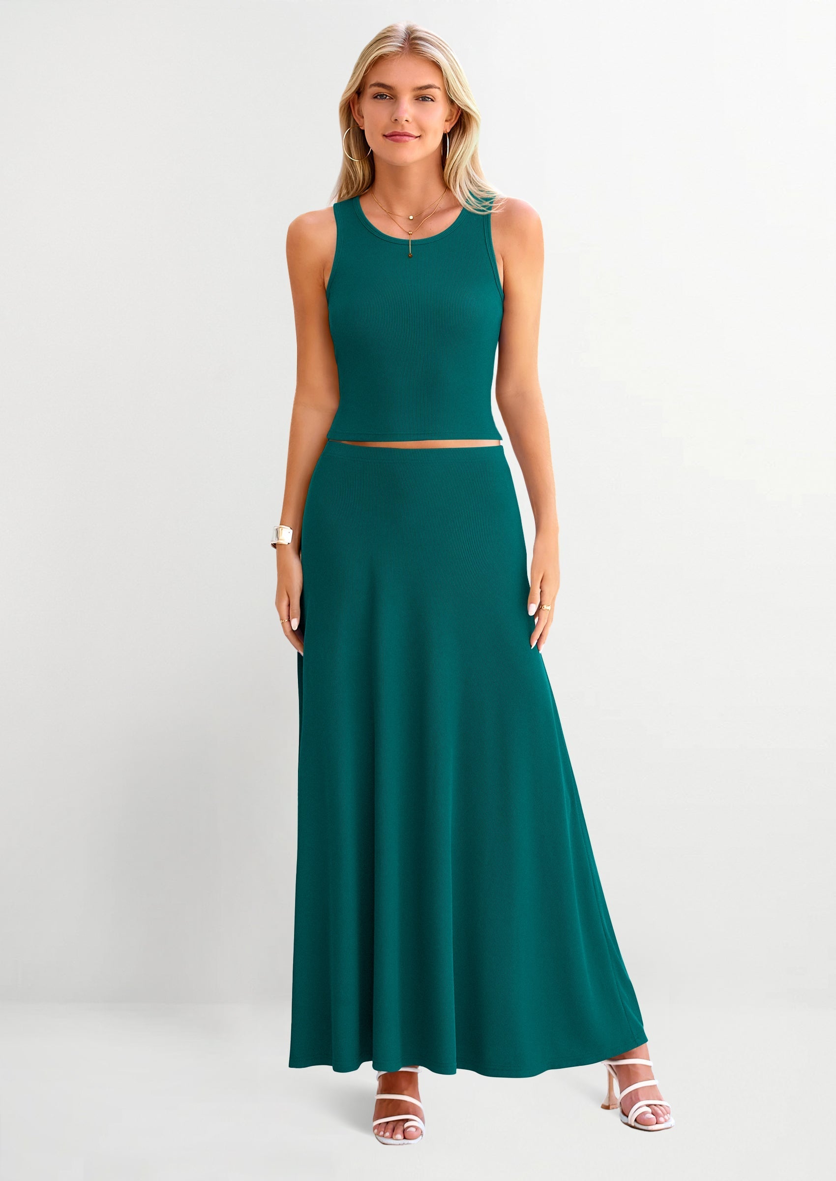 Osonn 2 Piece Maxi Skirt Sets Casual Knit Cropped Tank Top High Waisted Long Skirts Outfit