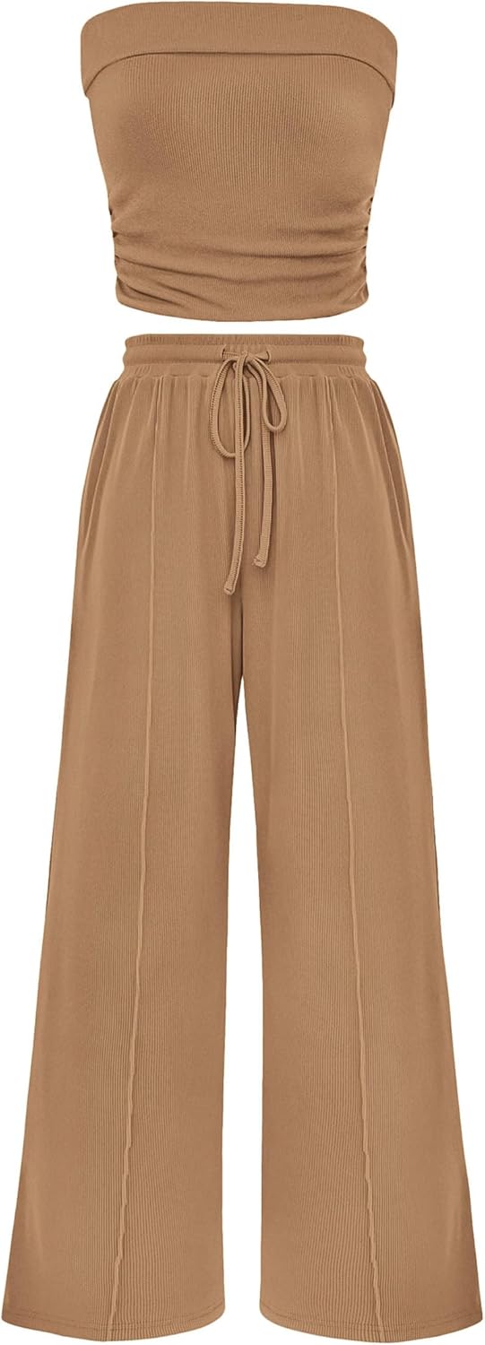 Osonn 2 Piece Sets Casual Ribbed Knit Crop Tube Top Wide Leg Pants Lounge Set