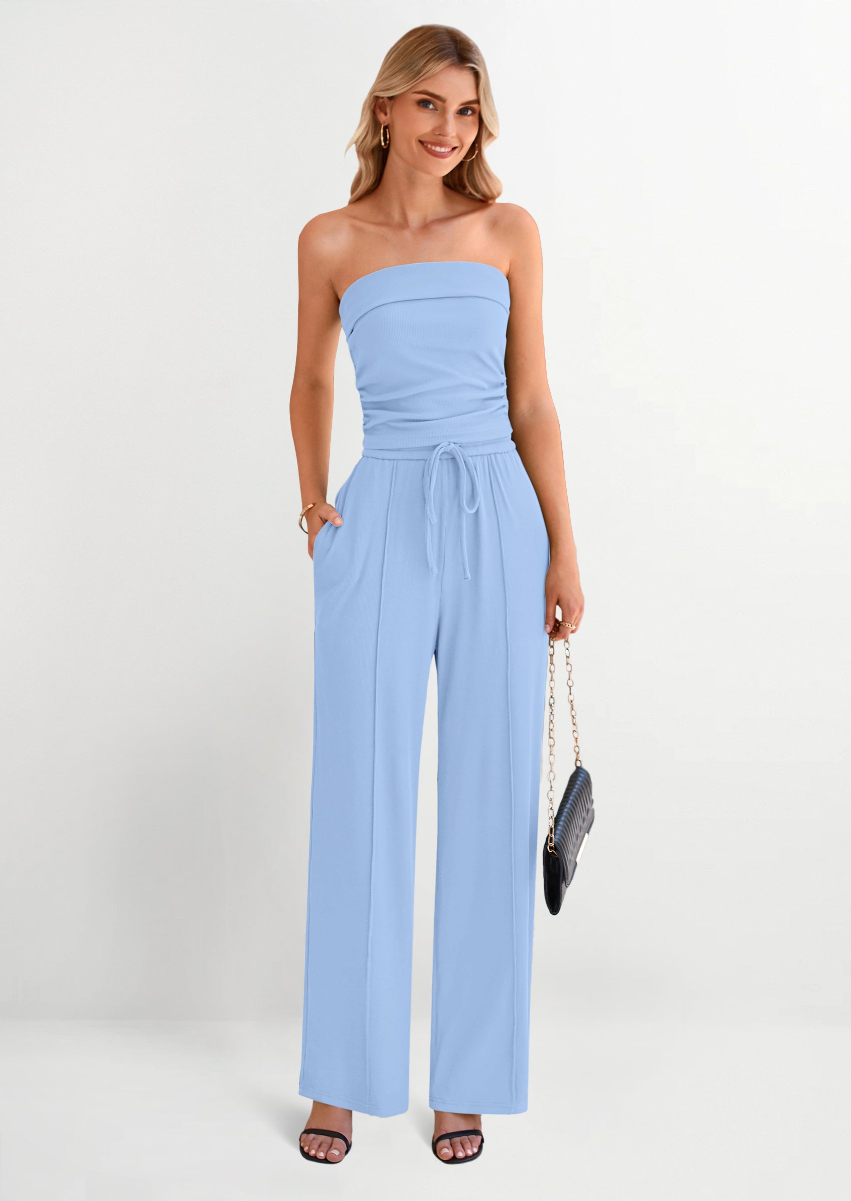 Osonn 2 Piece Sets Casual Ribbed Knit Crop Tube Top Wide Leg Pants Lounge Set