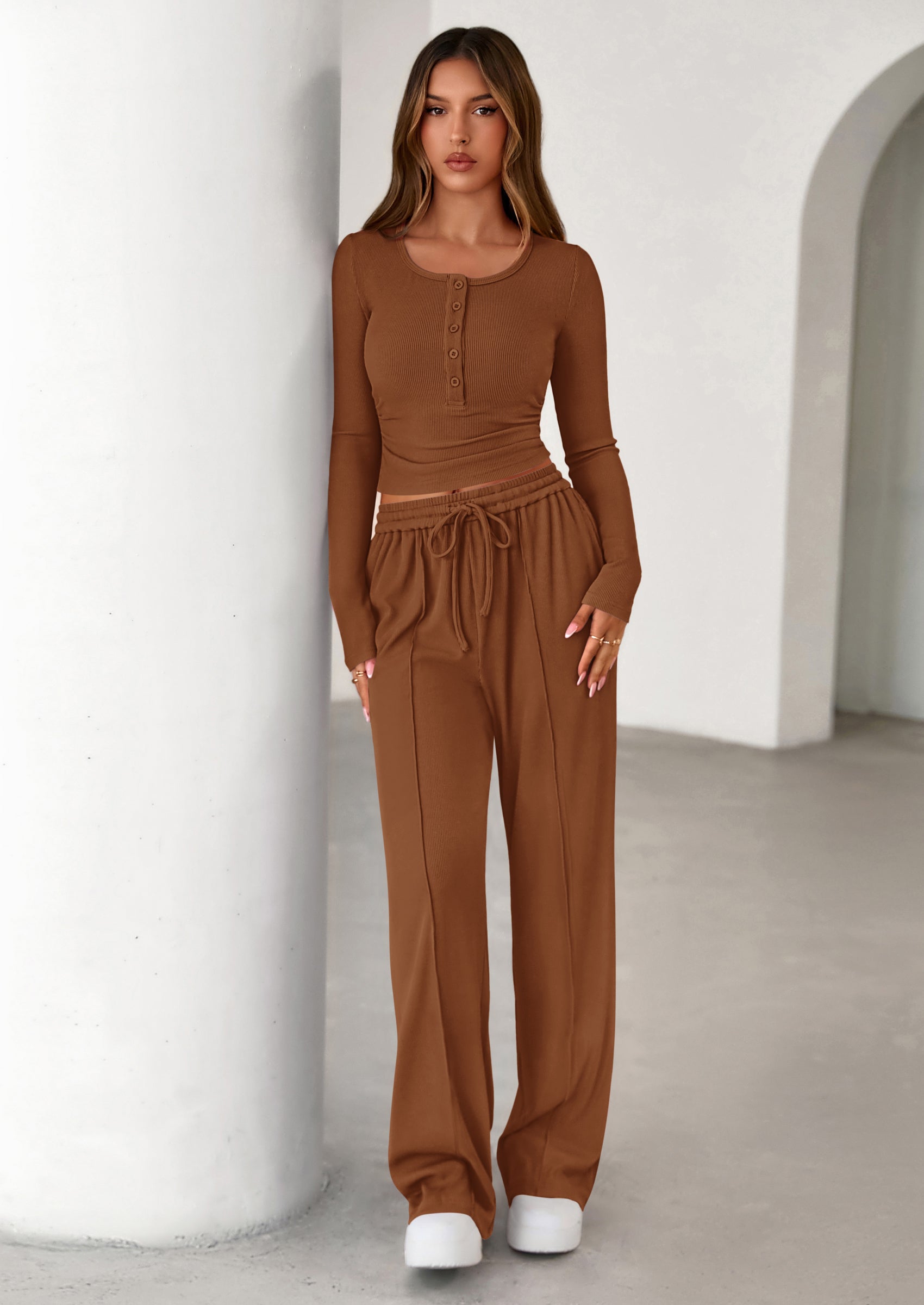 Osonn Women's Fall Trendy 2 Piece Outfits Lounge Sets Long Sleeve Top Henley Shirts Wide Leg Pants Travel Clothes