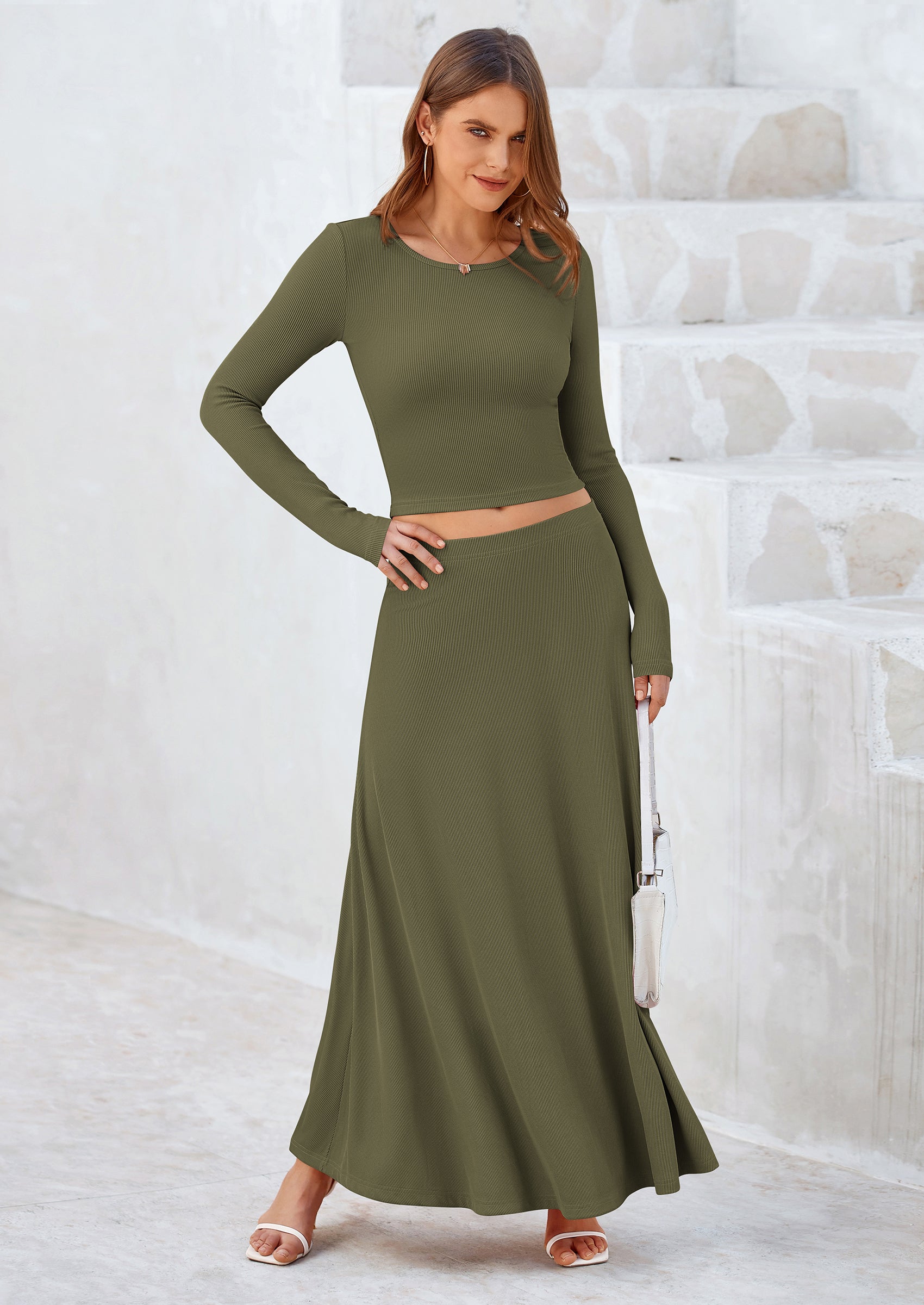 Osonn 2 Piece Casual Ribbed Knit Long Sleeve Crop Tops Maxi Flowy Skirts Matching Sets