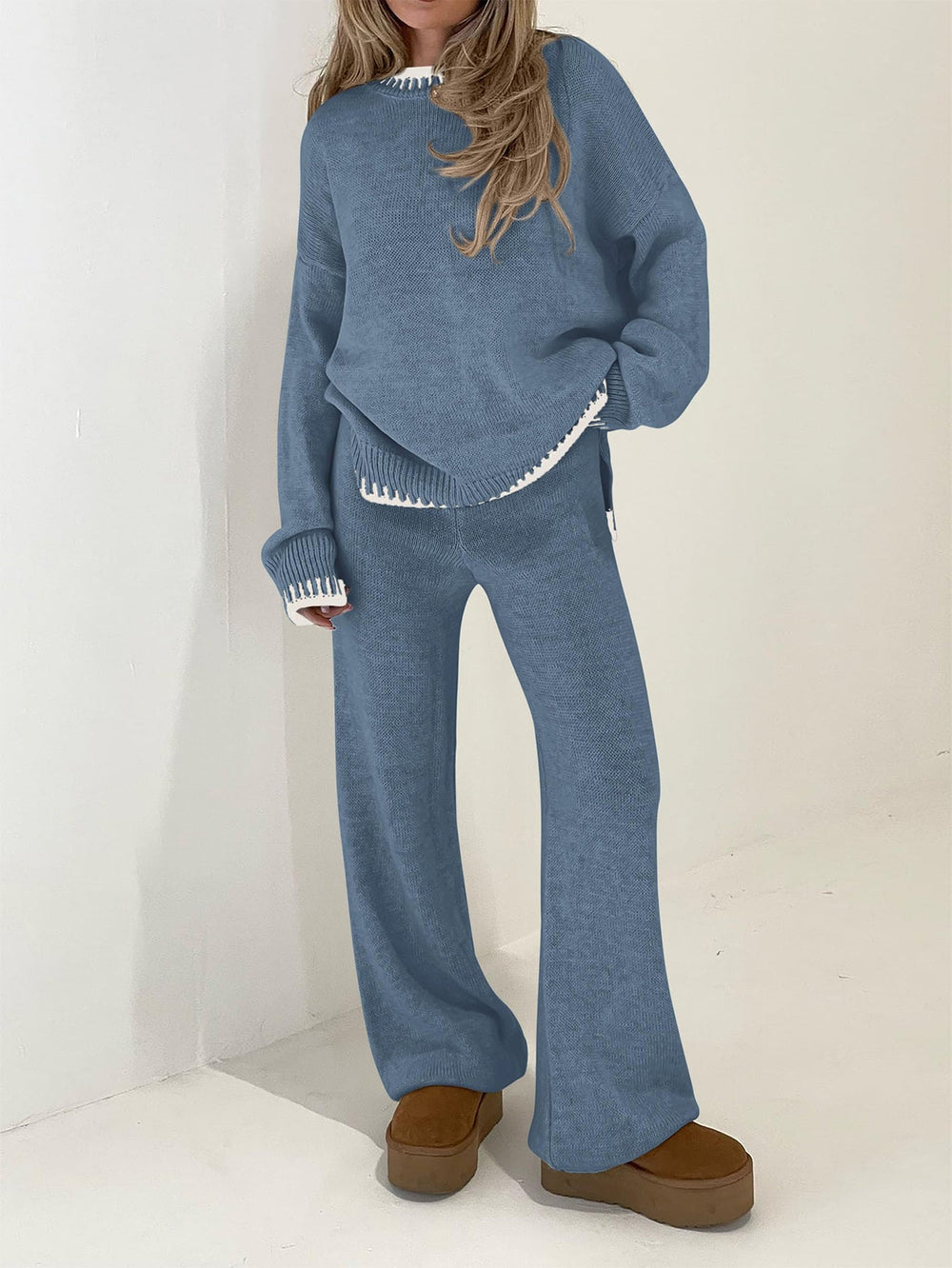 Osonn Women's 2 Piece Knit Sweater Outfit Casual Long Sleeve Pullover Wide Leg Pants Tracksuit Loungewear Set
