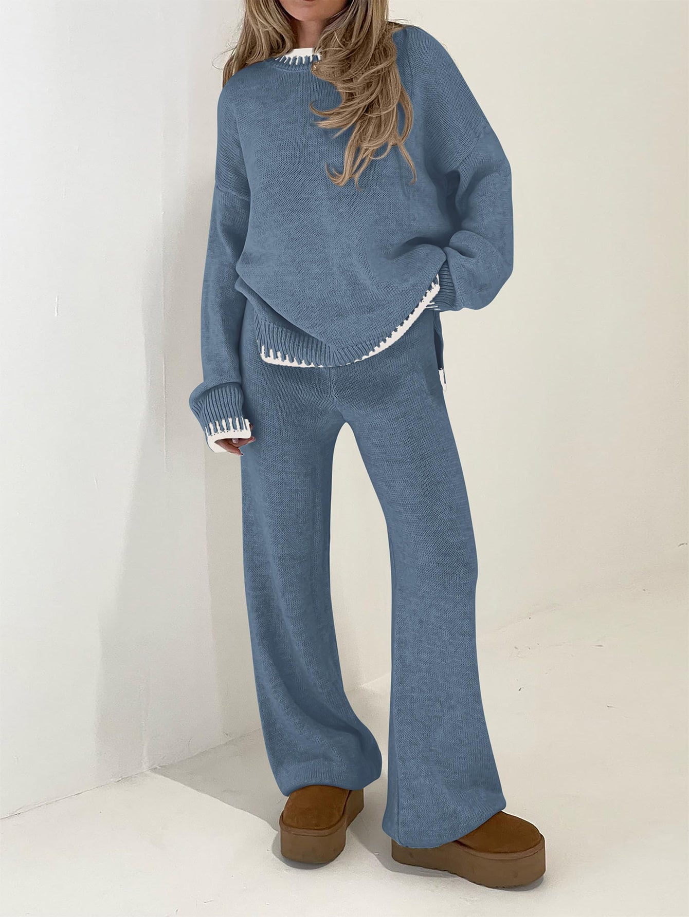 Osonn Women's 2 Piece Knit Sweater Outfit Casual Long Sleeve Pullover Wide Leg Pants Tracksuit Loungewear Set
