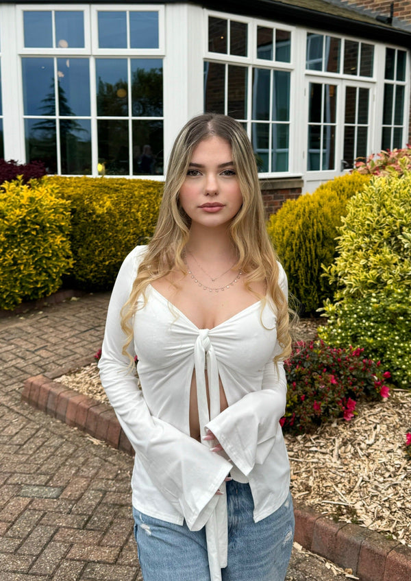 Estella Tie Front Long Sleeve Top - White