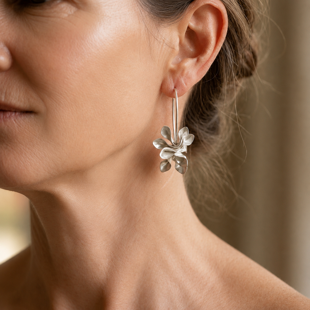 White Gold Floral Hoop Earrings — image 2