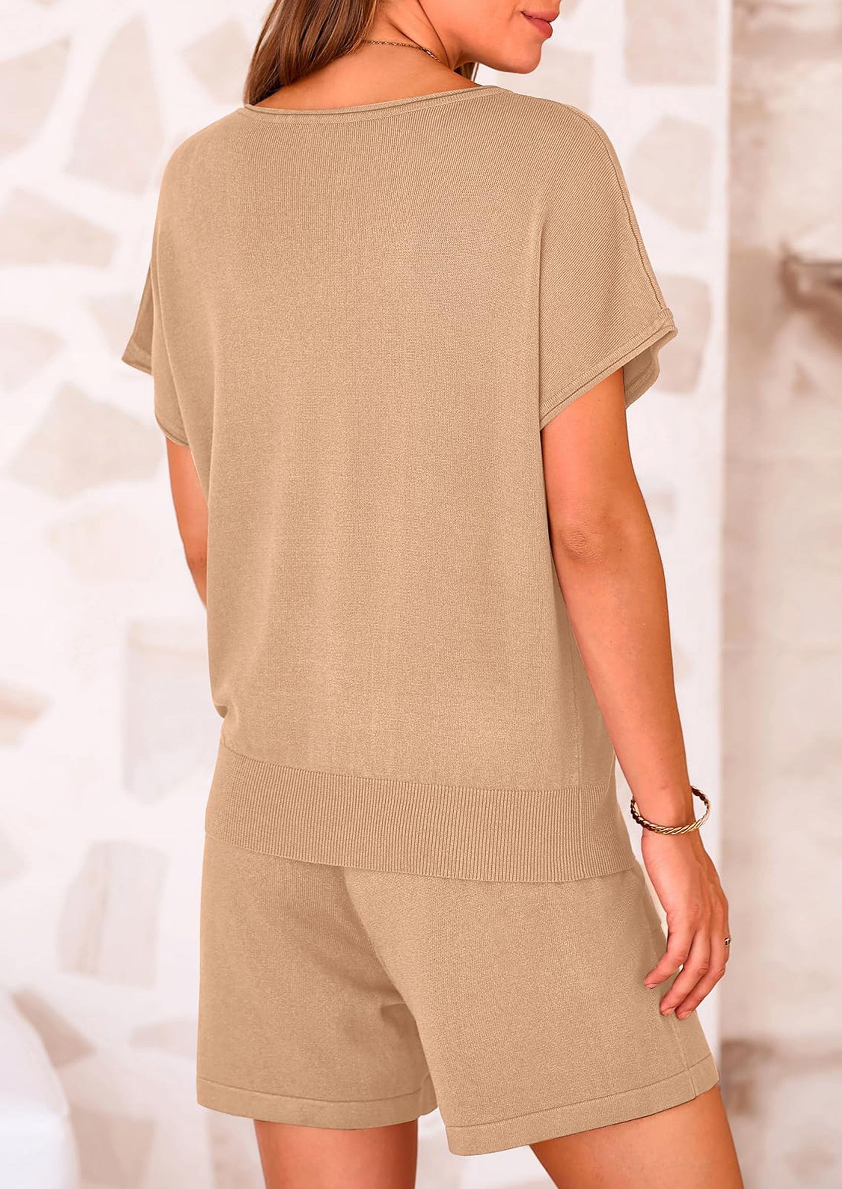 Osonn Two Piece Set for Women Summer Lounge Sets Shorts And Short Sleeve Tops Knitted Matching Travel Spring Outfits