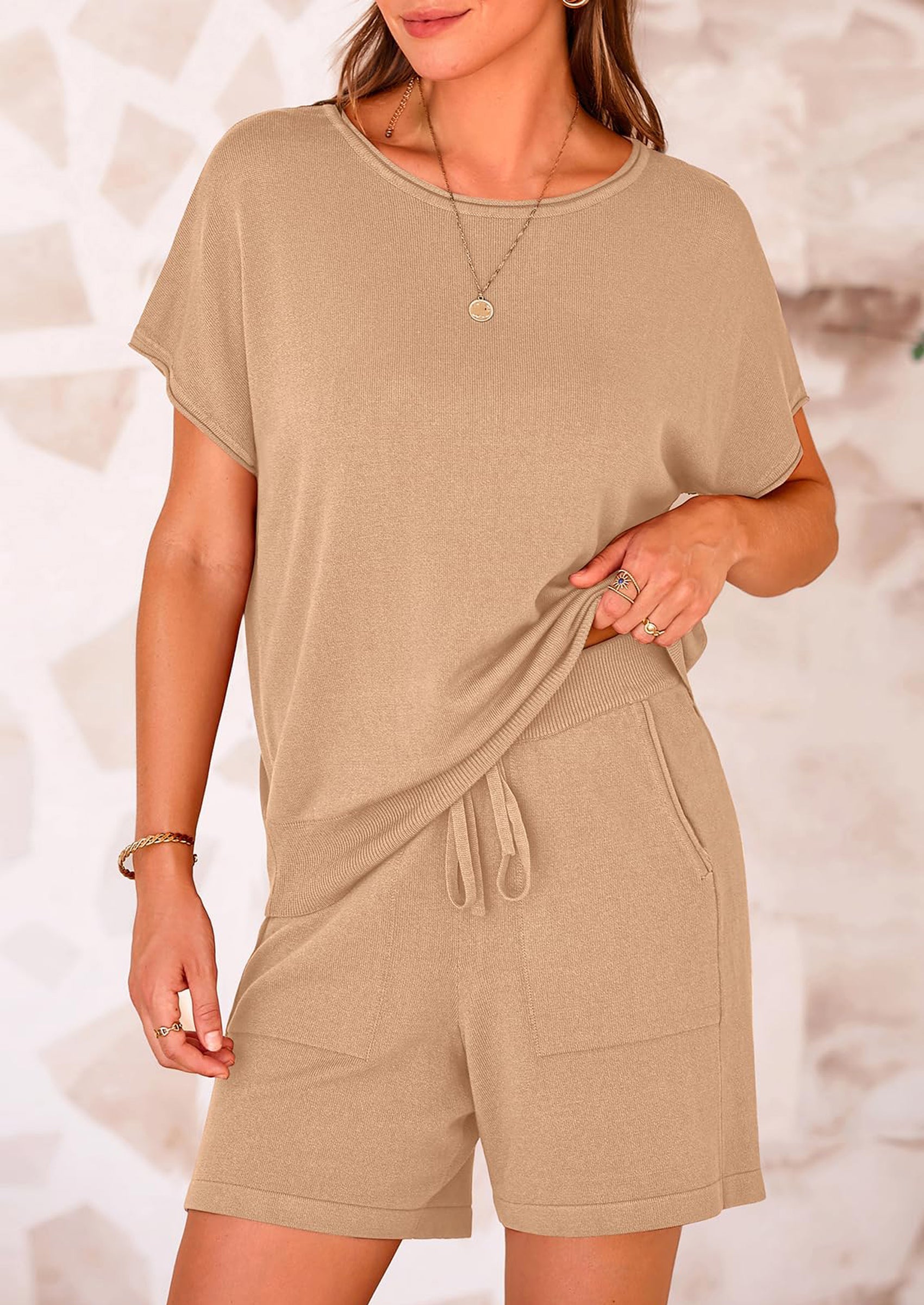Osonn Two Piece Set for Women Summer Lounge Sets Shorts And Short Sleeve Tops Knitted Matching Travel Spring Outfits