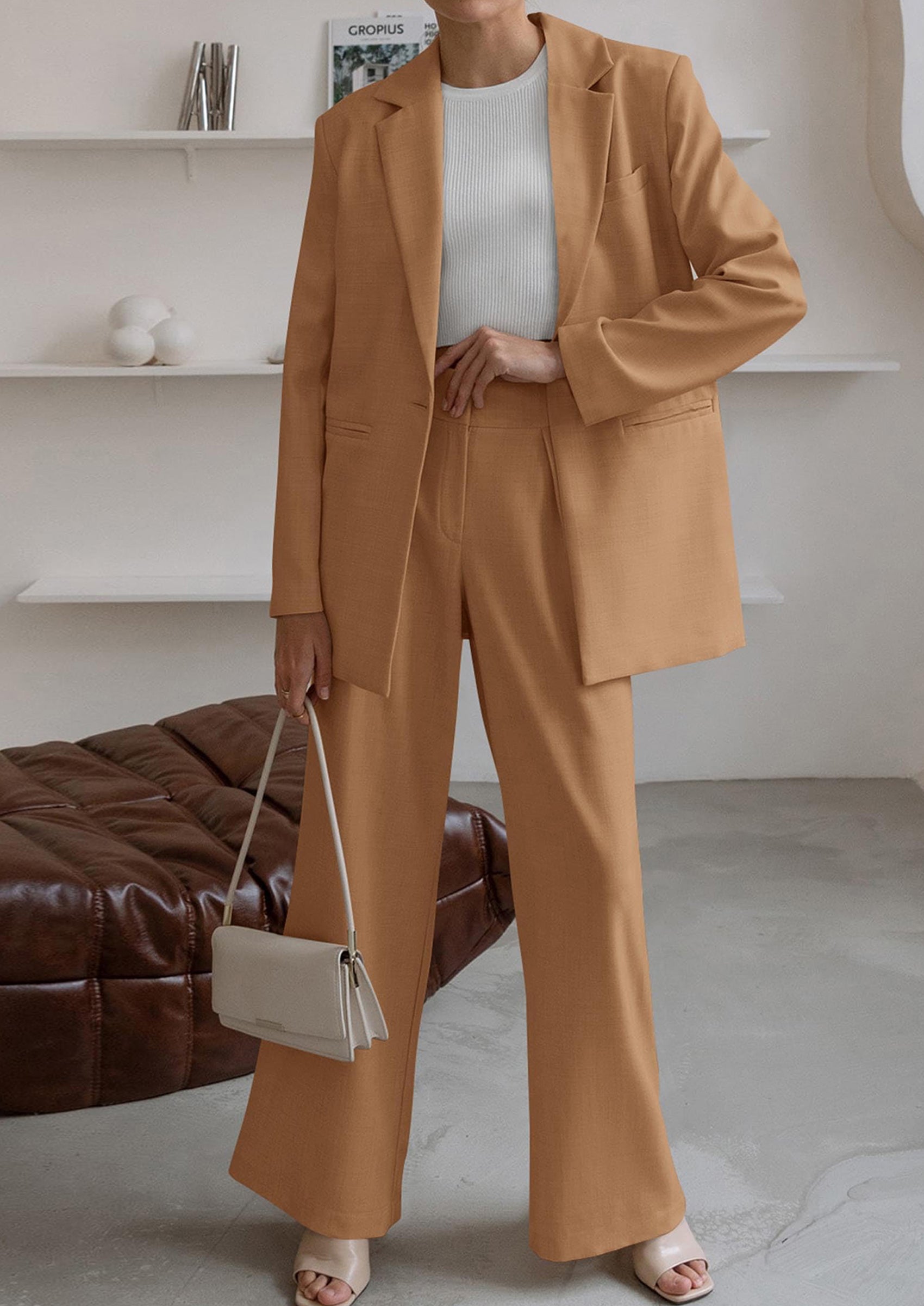Osonn Women's Fall Two Piece Outfits Dressy Blazer Jacket and Wide Leg Pants Pockets Business Casual Office Suit Sets