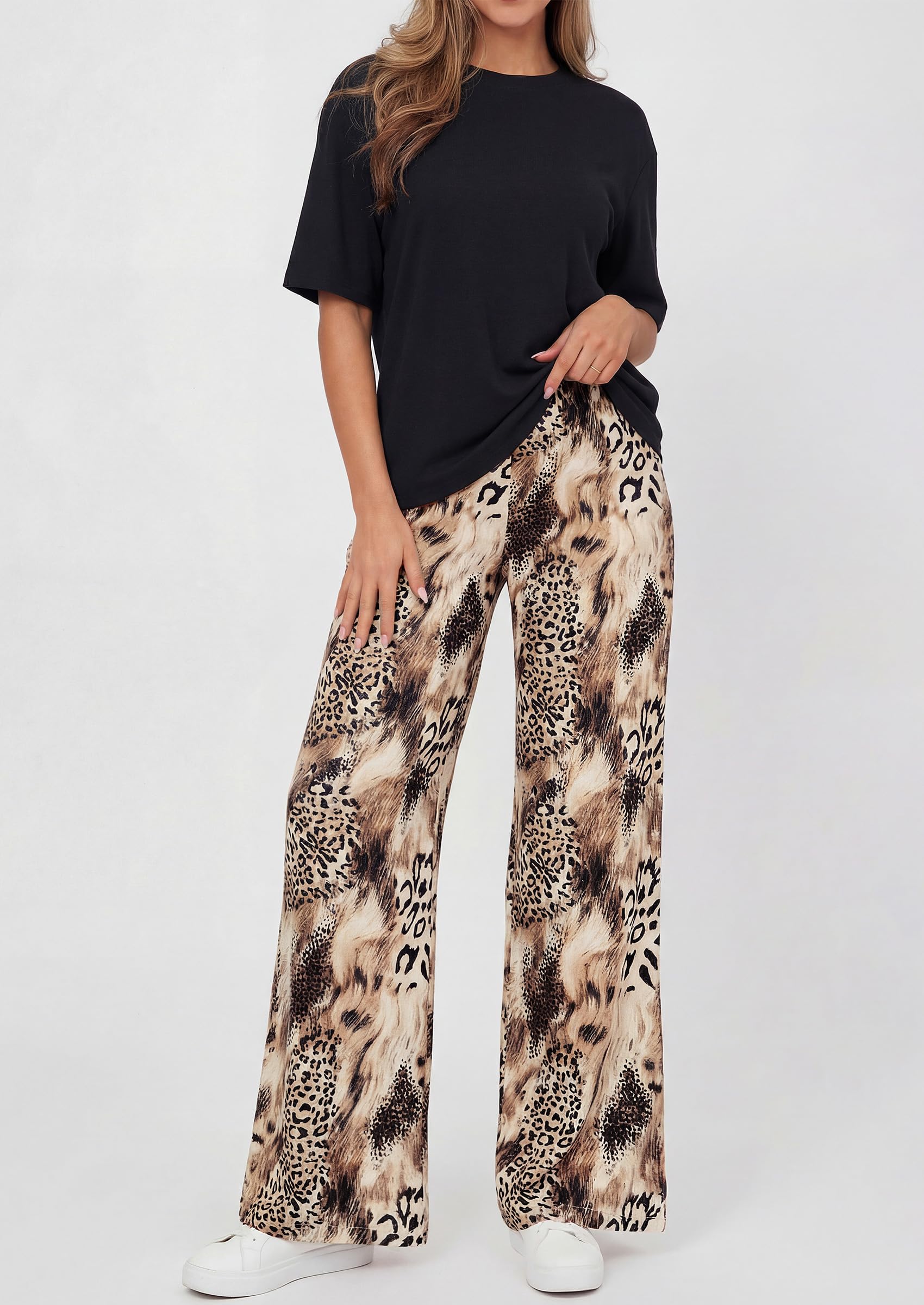 Osonn Women's 2 Piece Lounge Sets Summer Casual Short Sleeve Tops Leopard Flowy Pants Pajamas Vacation Travel Outfits