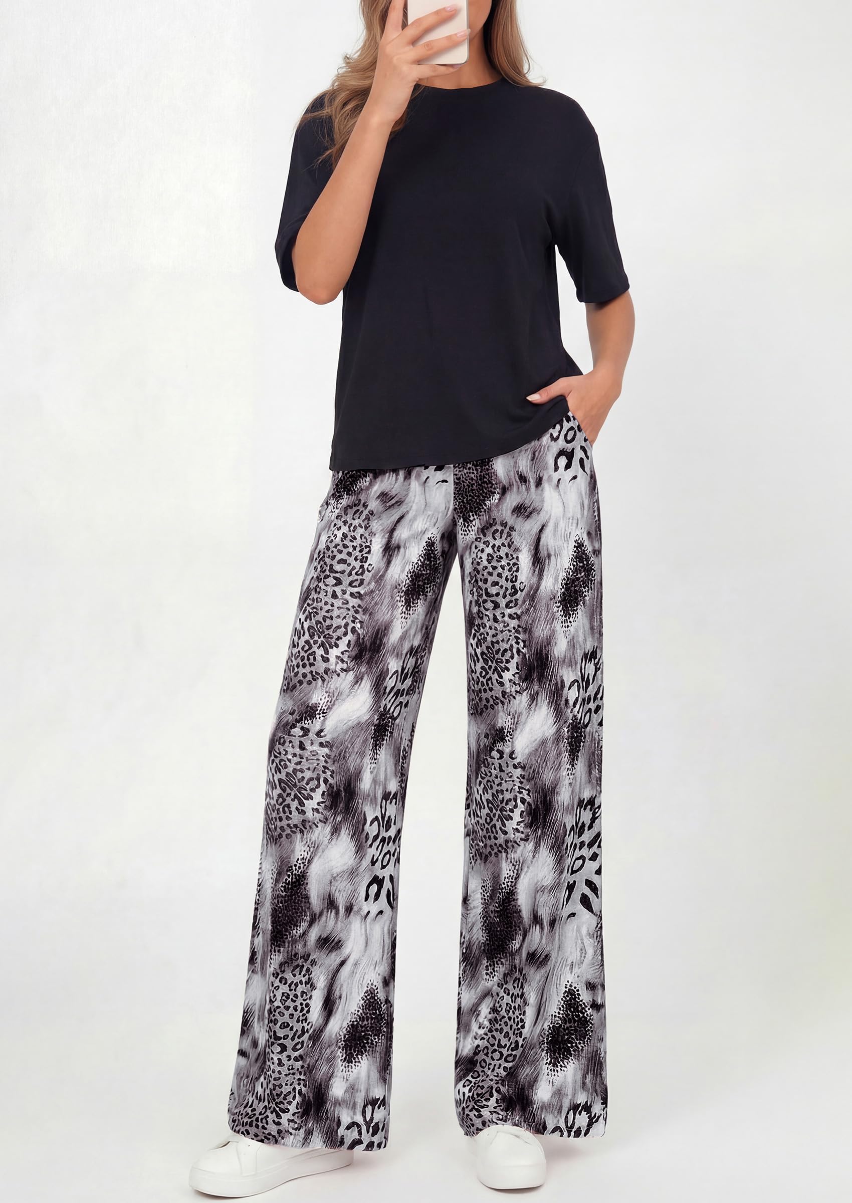 Osonn Women's 2 Piece Lounge Sets Summer Casual Short Sleeve Tops Leopard Flowy Pants Pajamas Vacation Travel Outfits