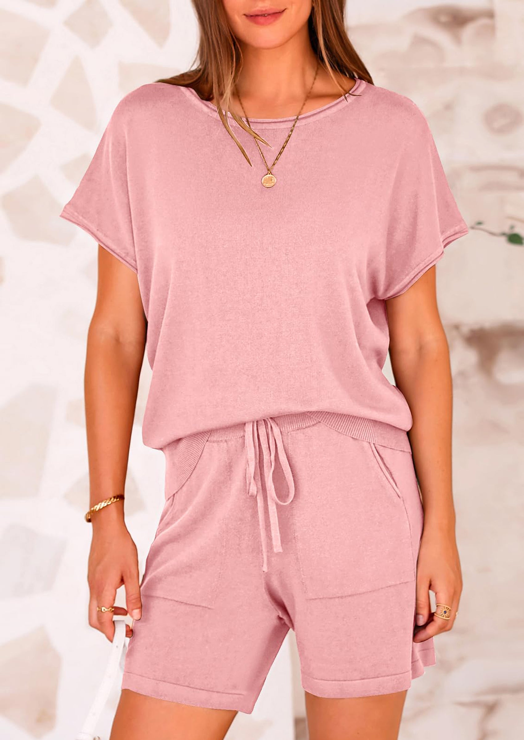 Osonn Two Piece Set for Women Summer Lounge Sets Shorts And Short Sleeve Tops Knitted Matching Travel Spring Outfits